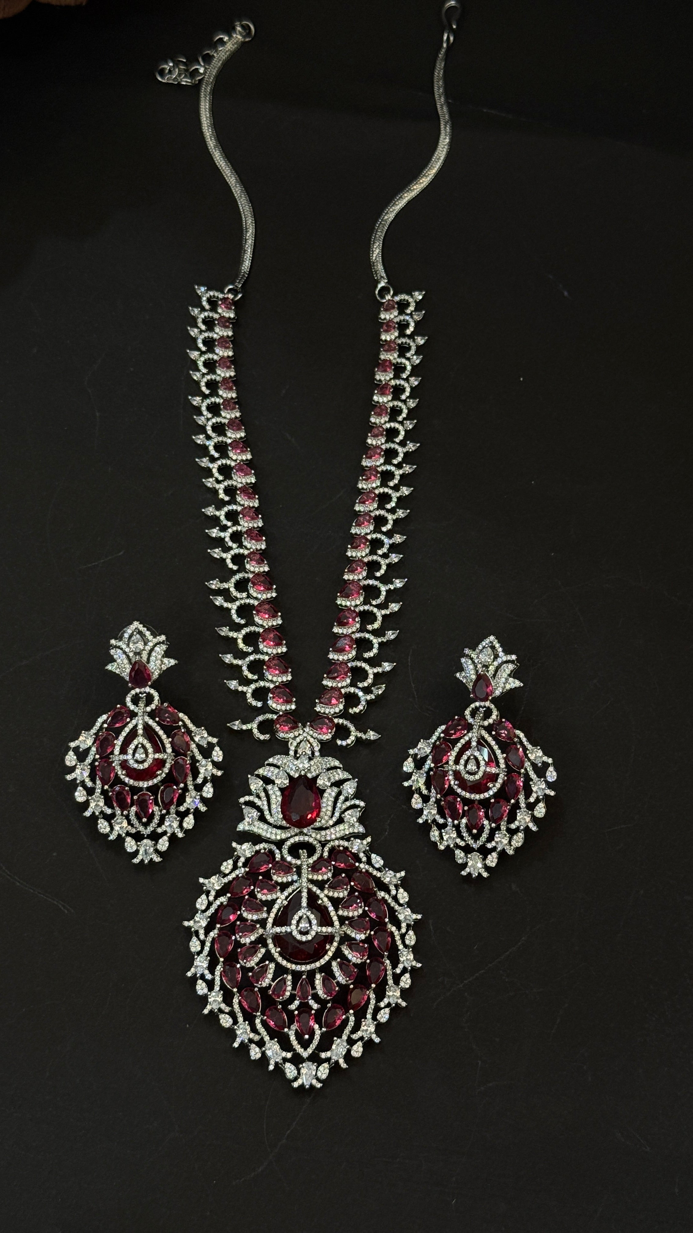 Royal Ruby Teardrop American Diamond Necklace Set