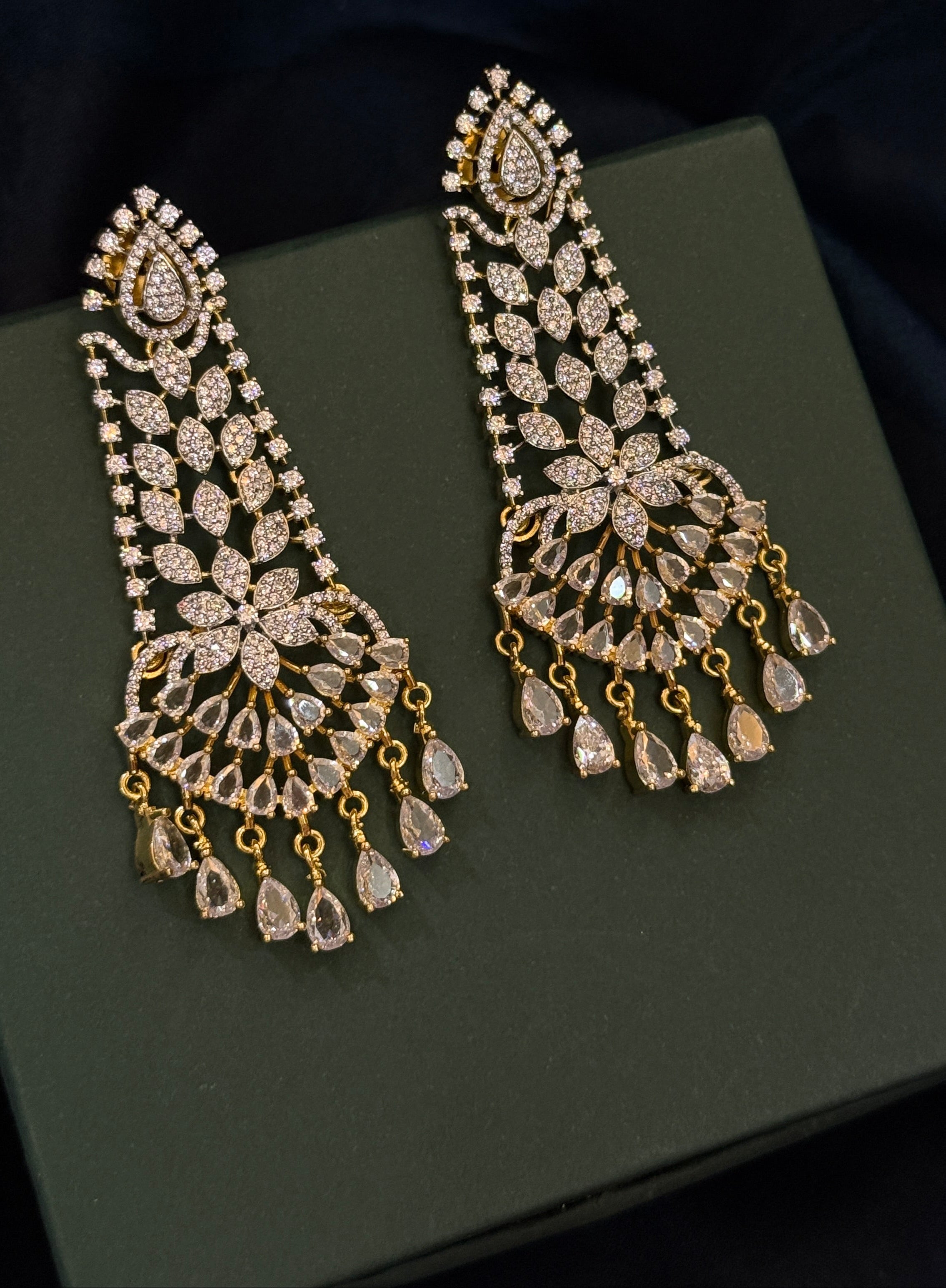 Bridal Style American Diamond Long Earrings with Teardrop Stones