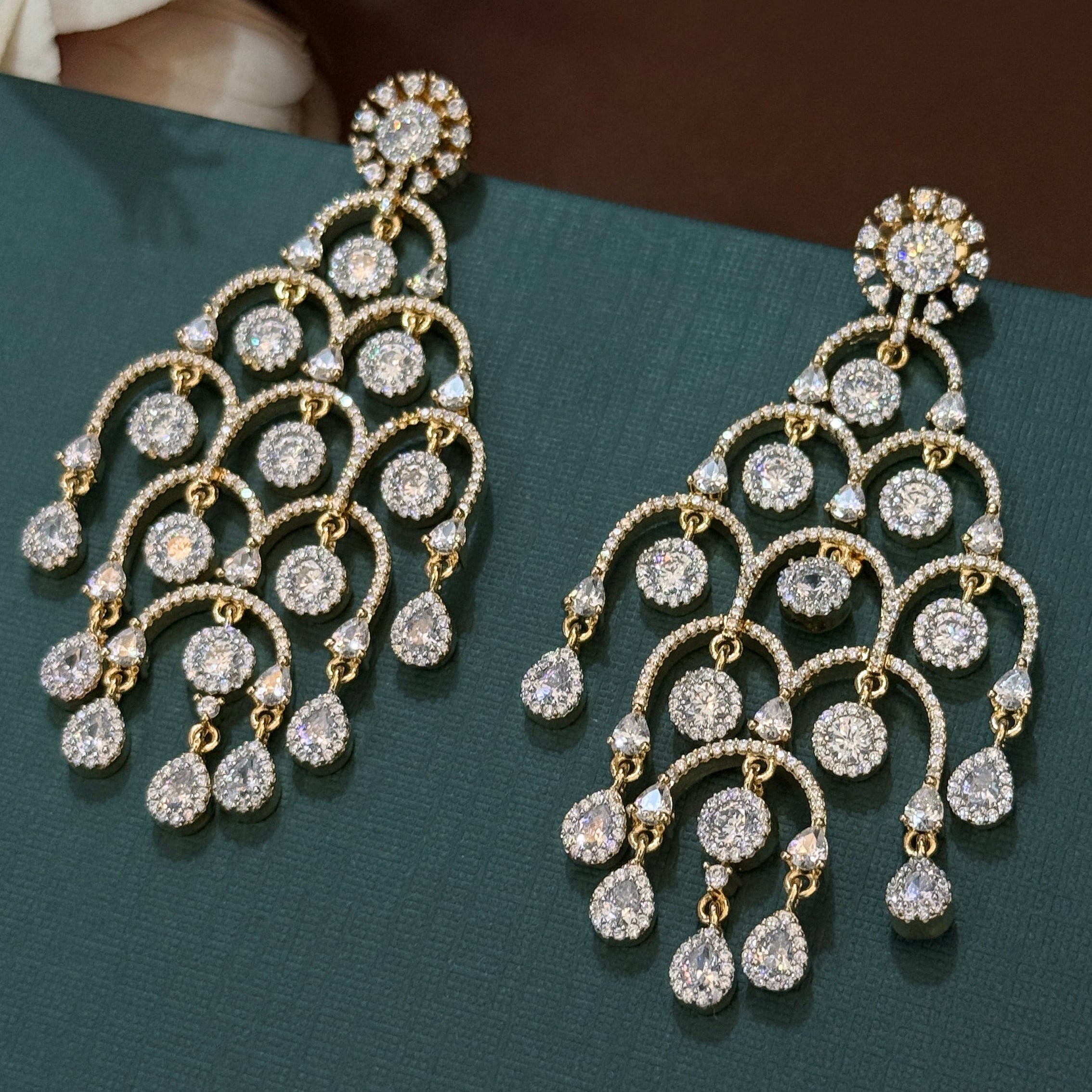 American Diamond Gold Chandelier Earrings