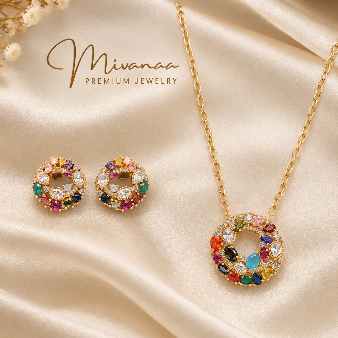 Multicolour Zirconia Pendant and Earring Set – Gold-Tone Statement Jewellery