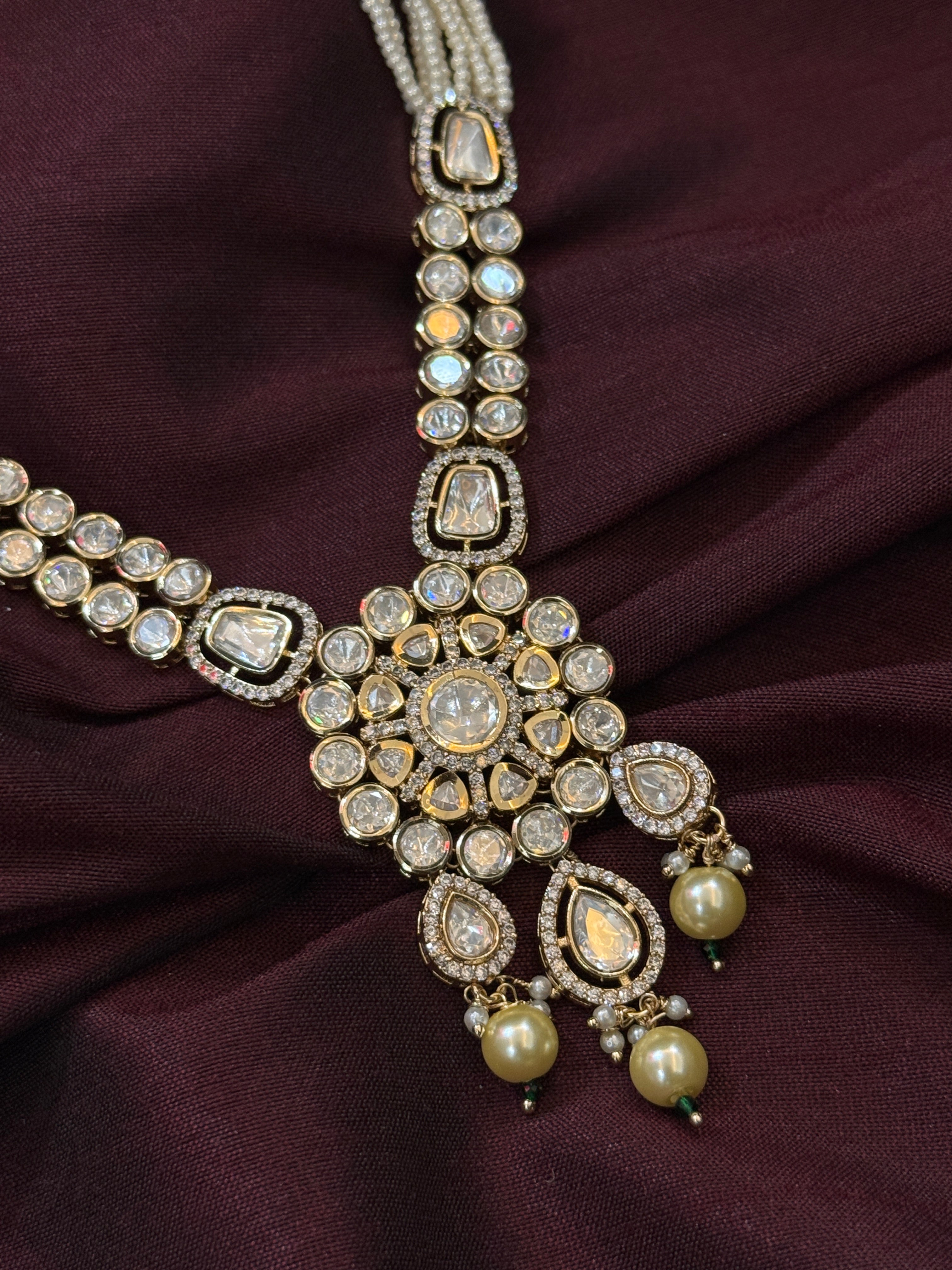 Real Polki Kundan Long Emerald Green Beads