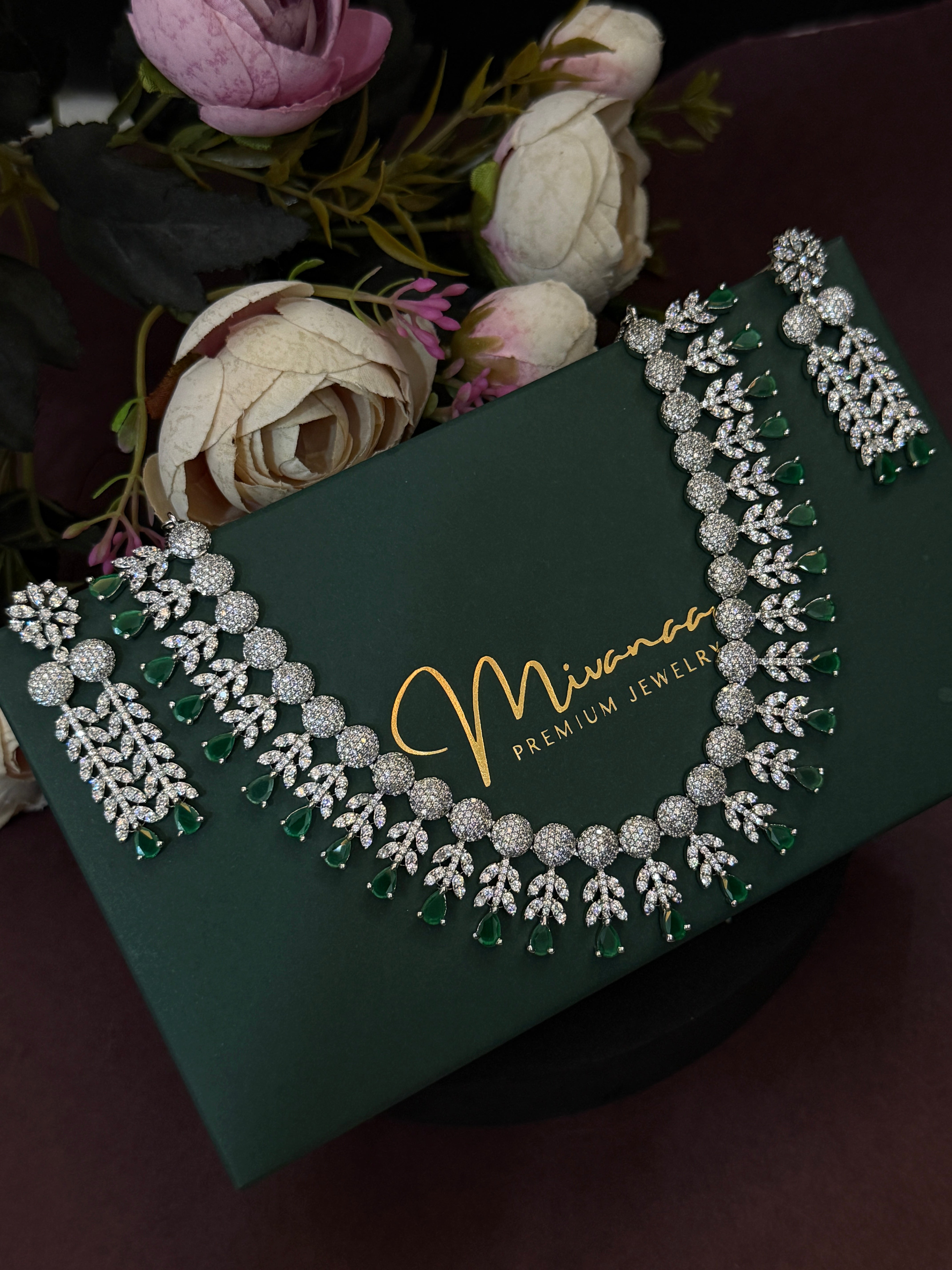 Emerald Drop Luxury American Diamond Necklace Set