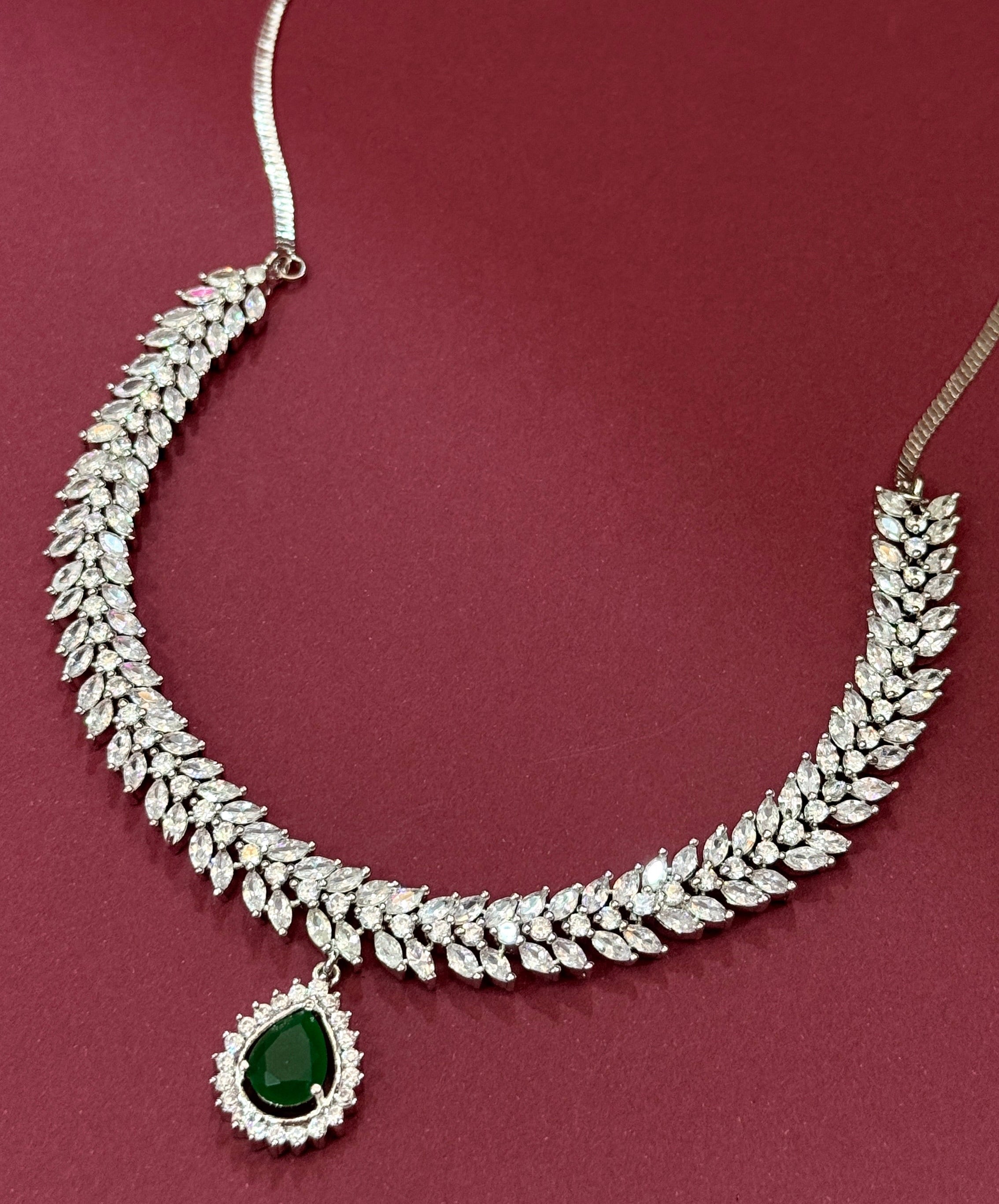 Emerald Teardrop AD Stone Necklace Set with Leaf Design