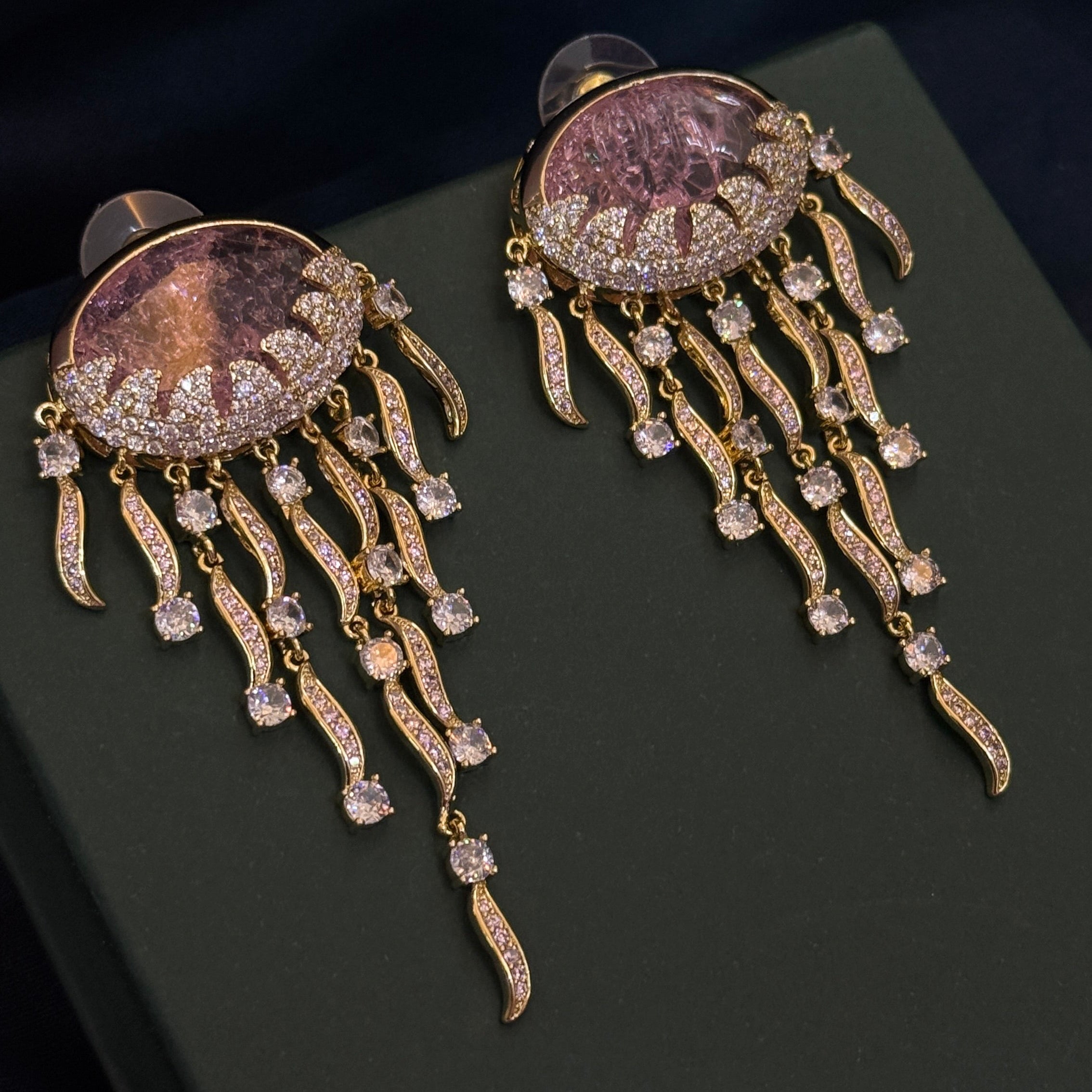 Pink Crystal Drop American Diamond Statement Earrings – Gold Finish