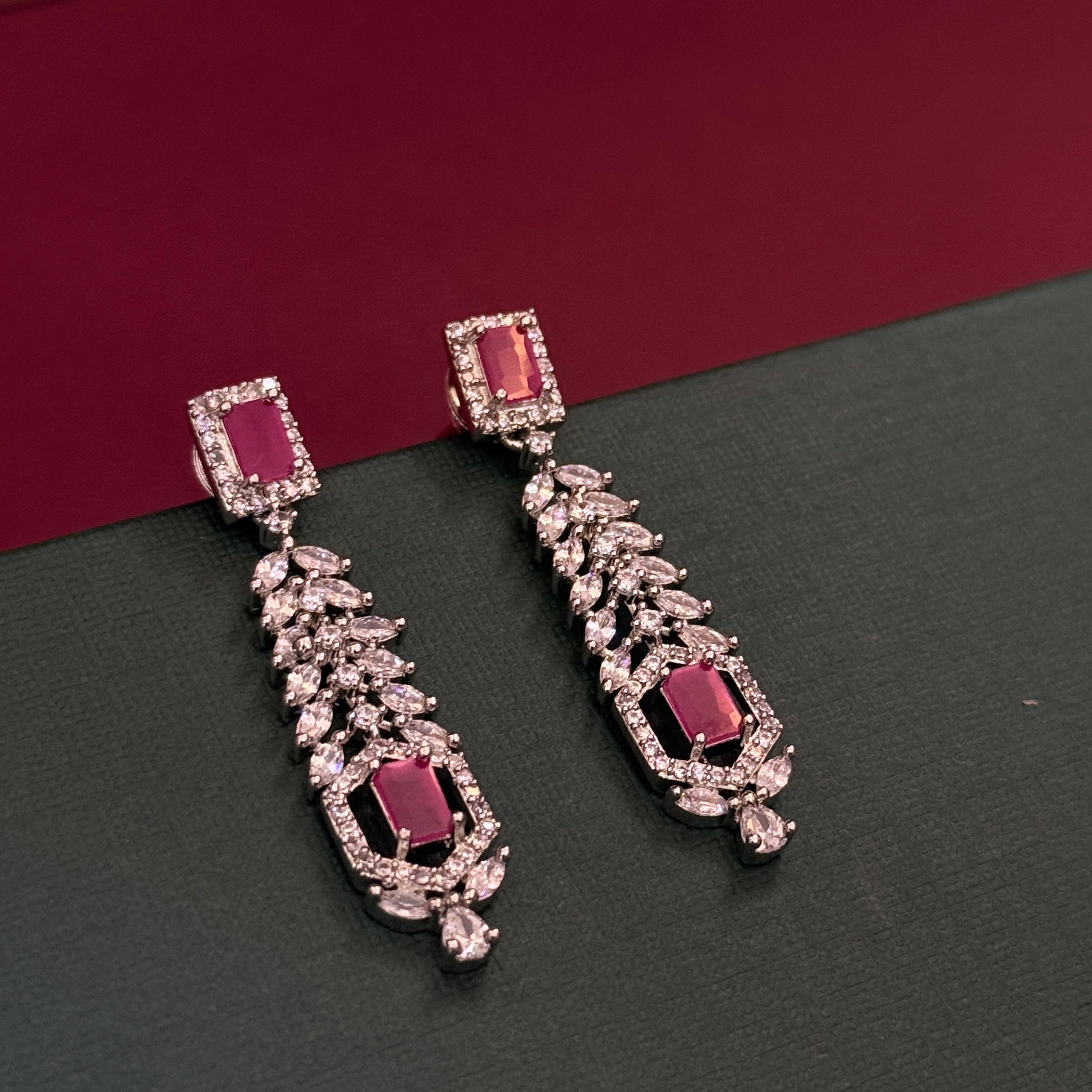 Royal Ruby Sparkle Drop Earrings & Necklace Set