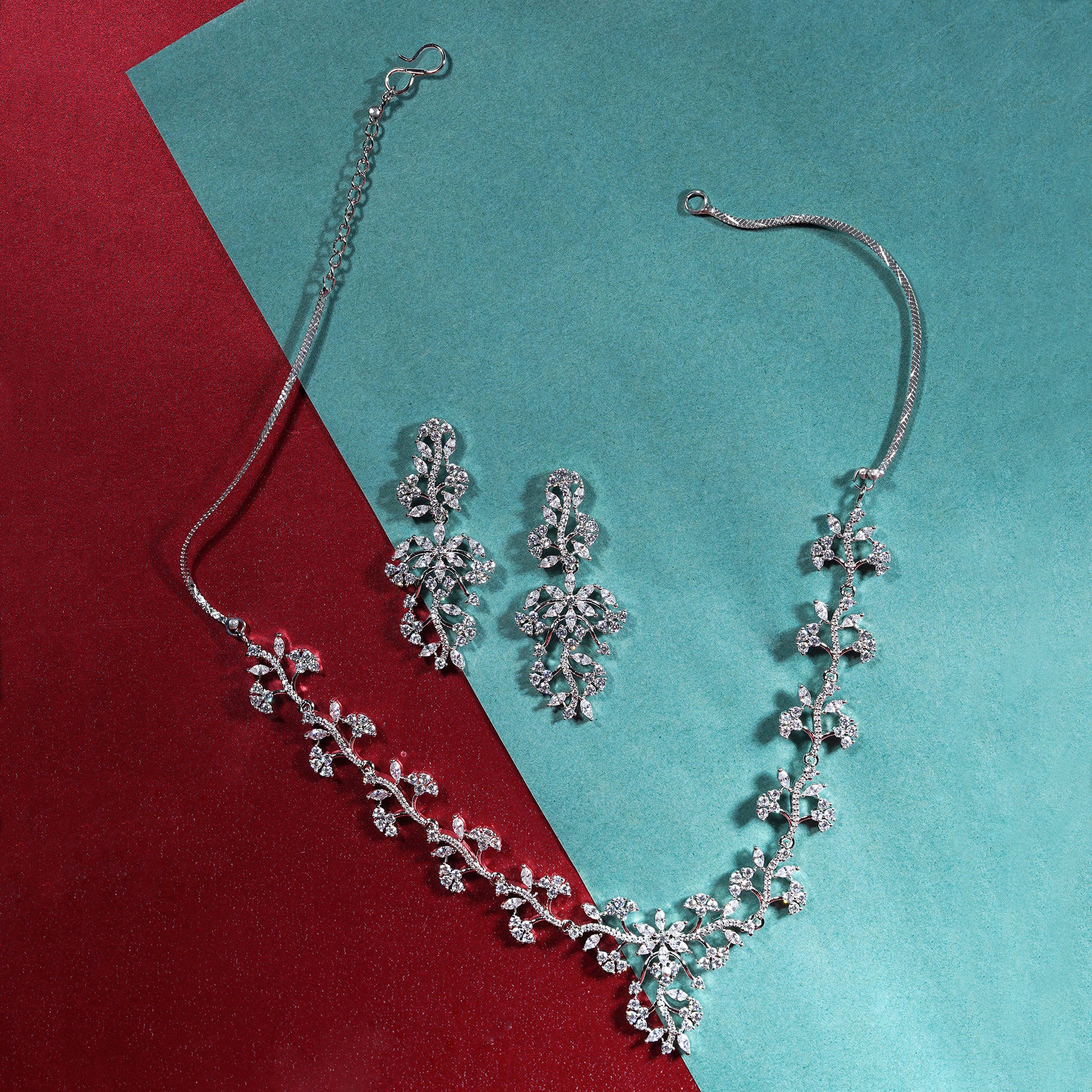 American Diamond Studded Silver Necklace  Set - Mivanaa