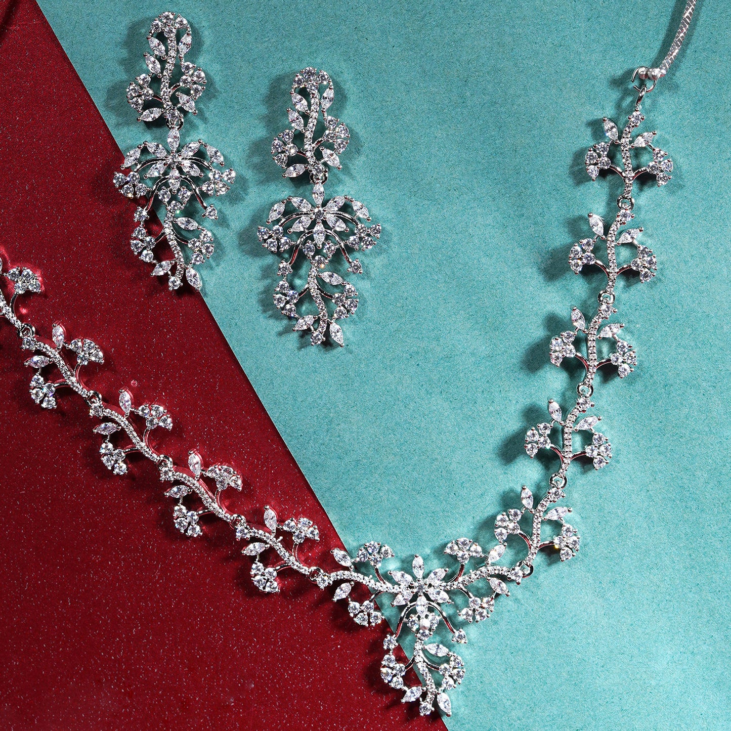 American Diamond Studded Silver Necklace  Set - Mivanaa