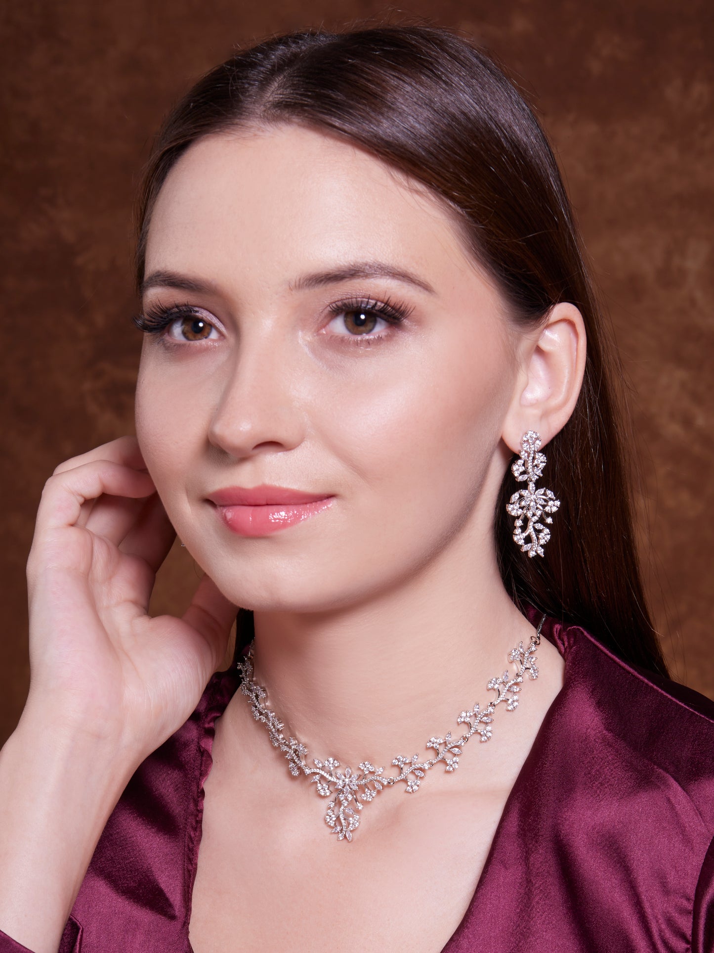 American Diamond Studded Silver Necklace  Set - Mivanaa