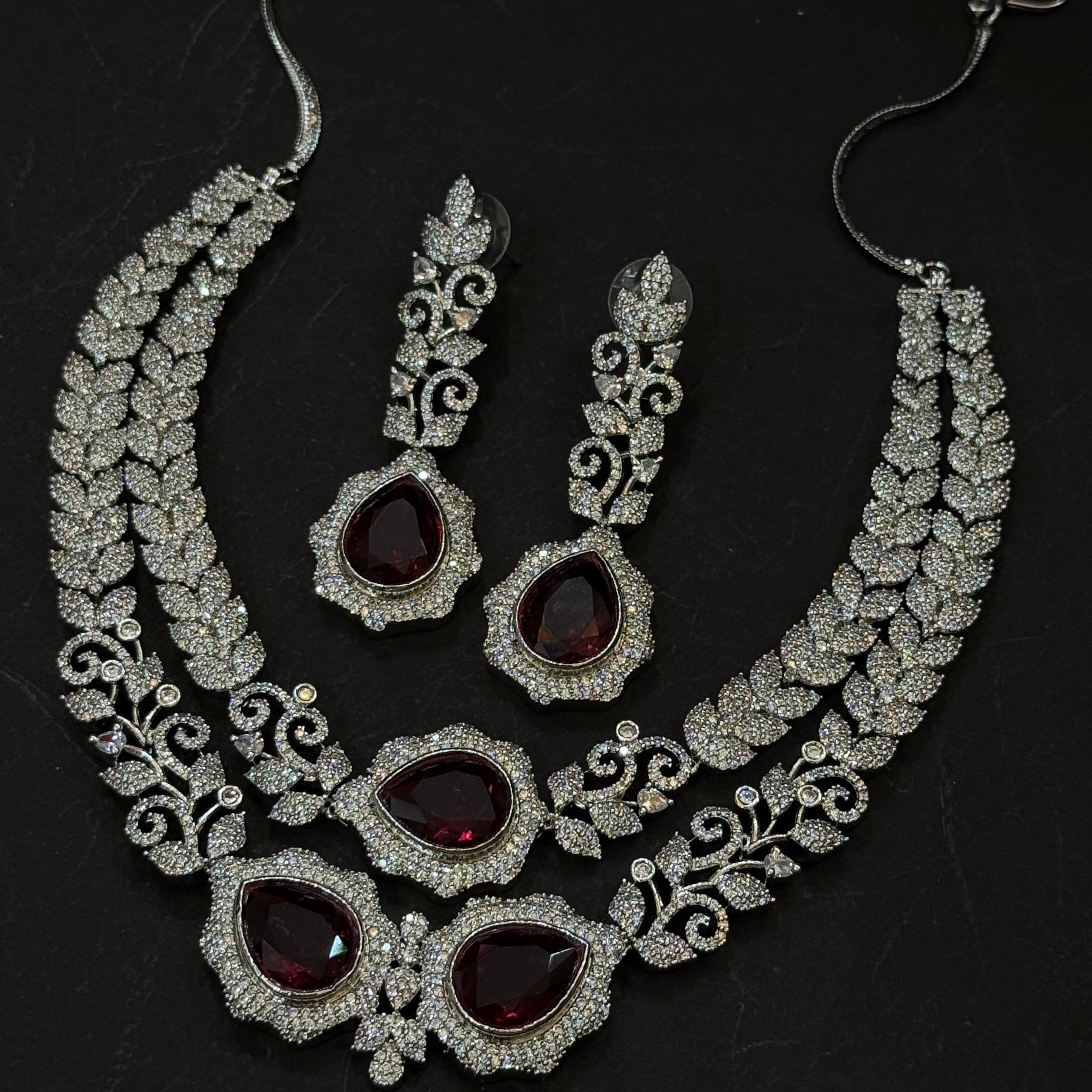 Imperial Ruby Leaf American Diamond Necklace Set