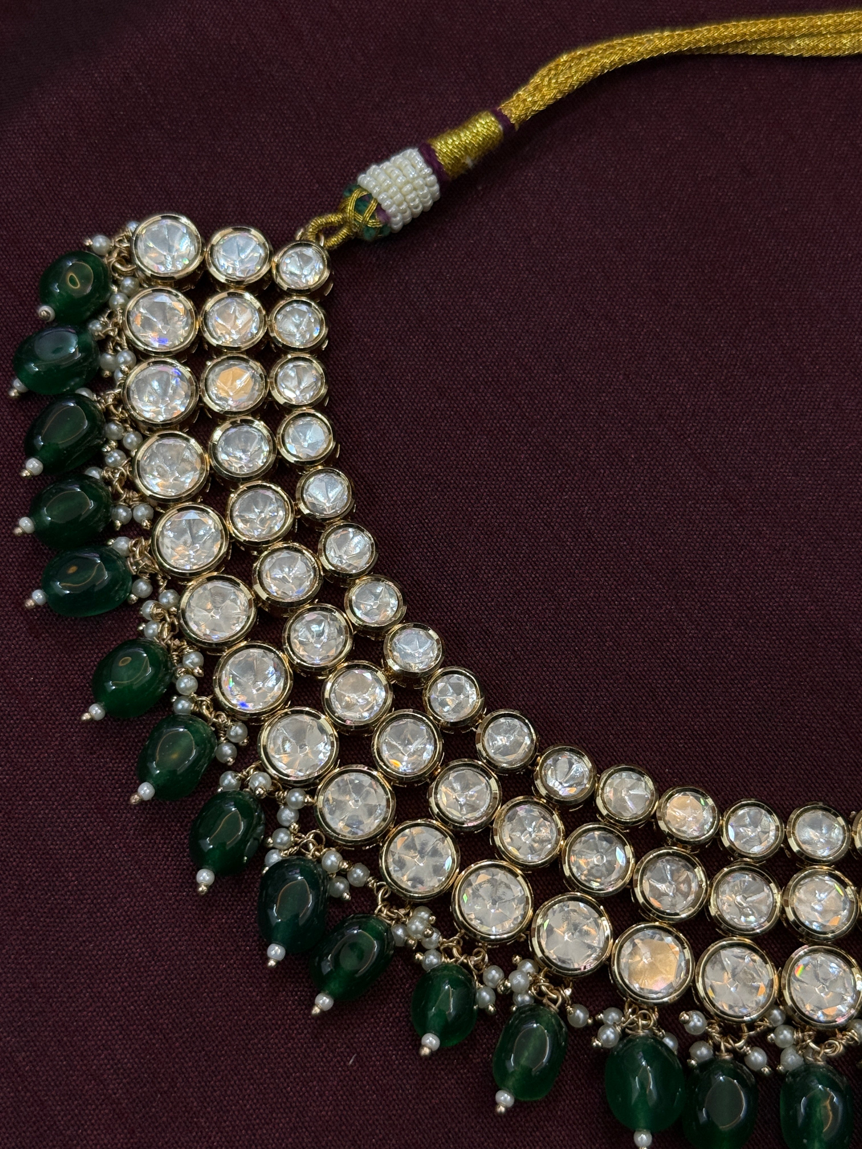 Royal Emerald Green Moissanite Kundan Bridal Necklace & Earrings Set