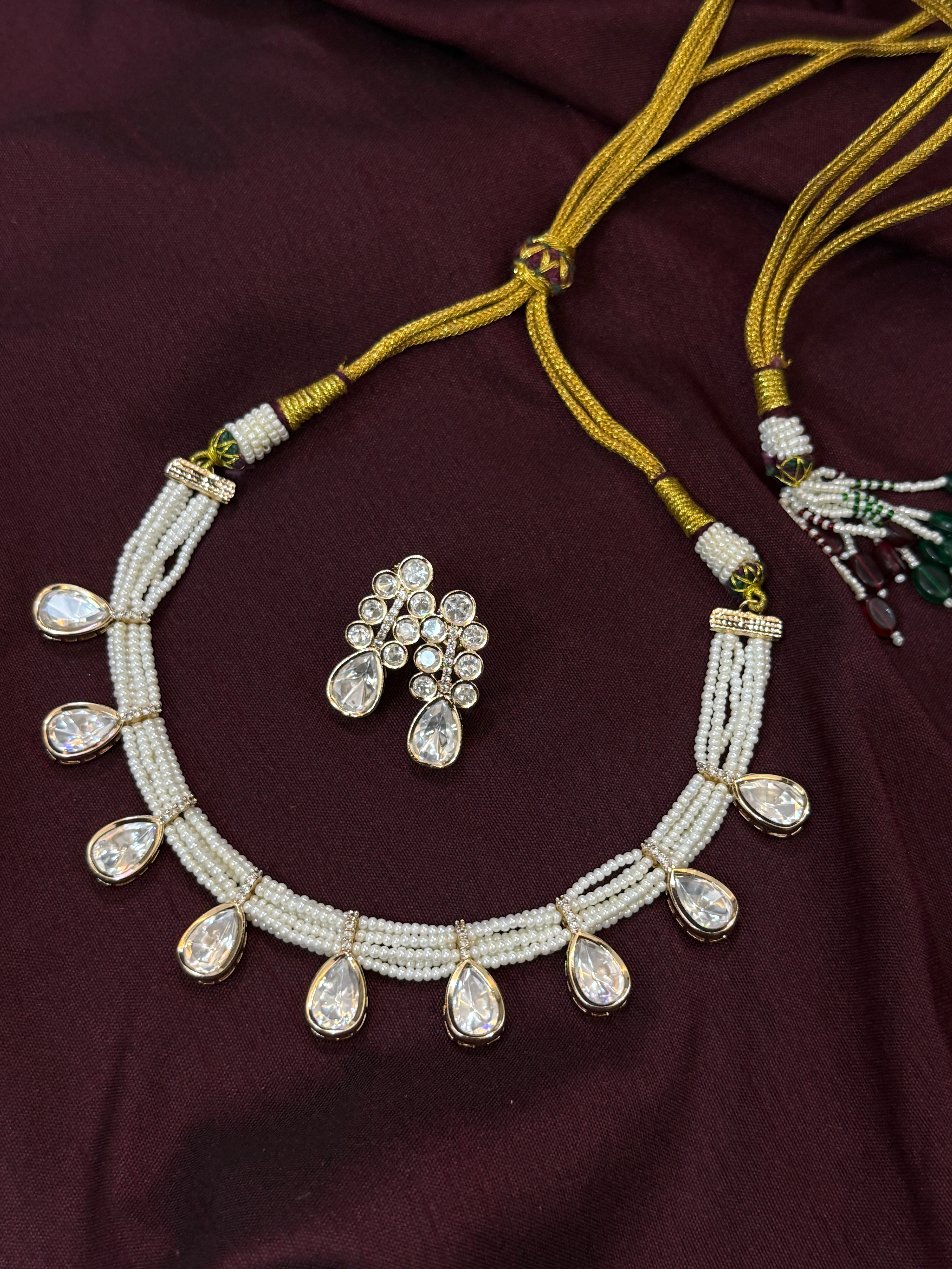 Pearl Droplets Real Polki Necklace Set
