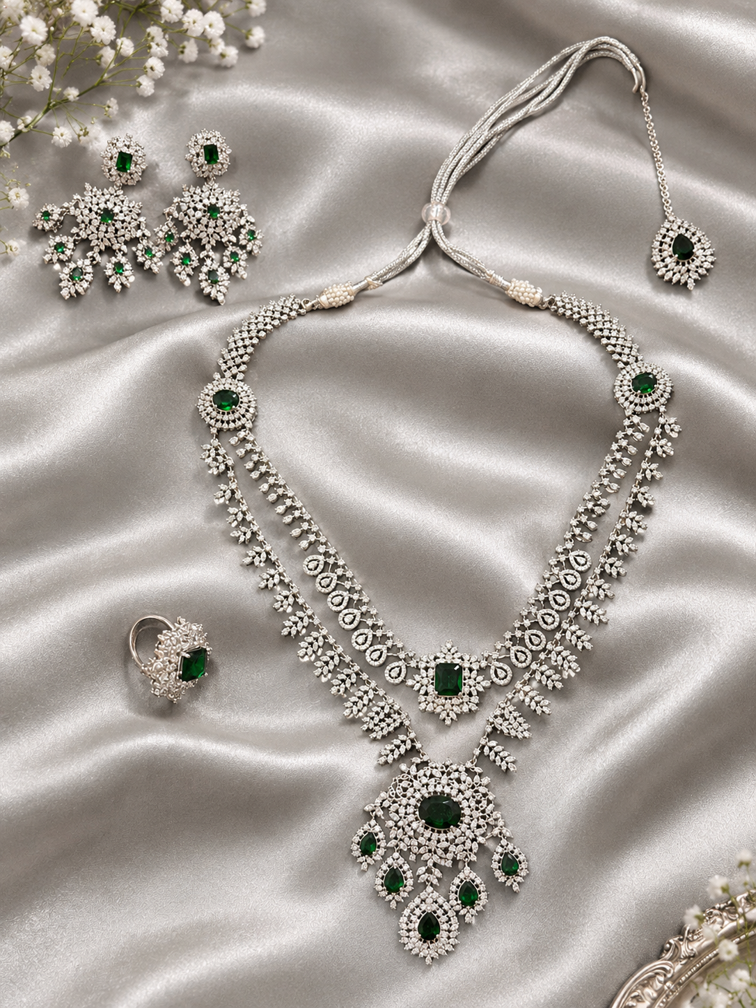 Emerald Green & Silver-Tone Bridal Jewellery Set – Statement Necklace