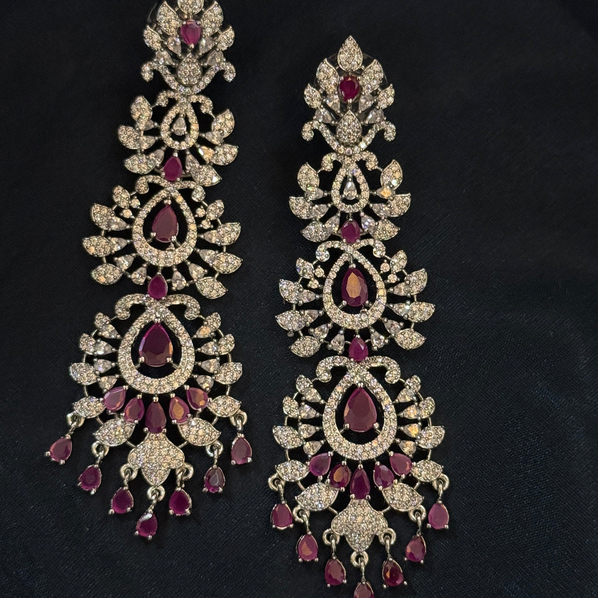 Royal Ruby American Diamond Long Drop Earrings