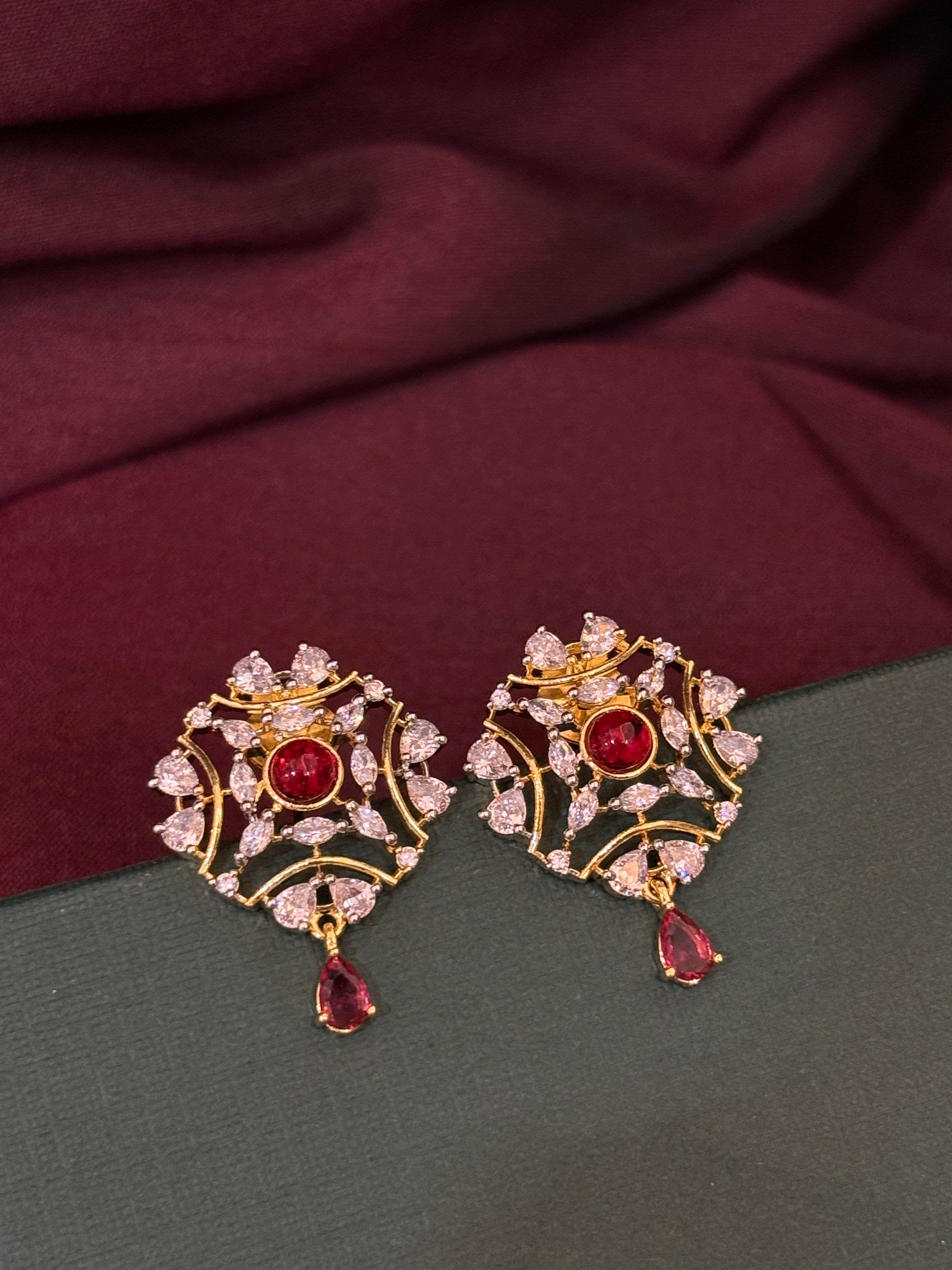 Royal Red American Diamond Pendant Set with Earrings