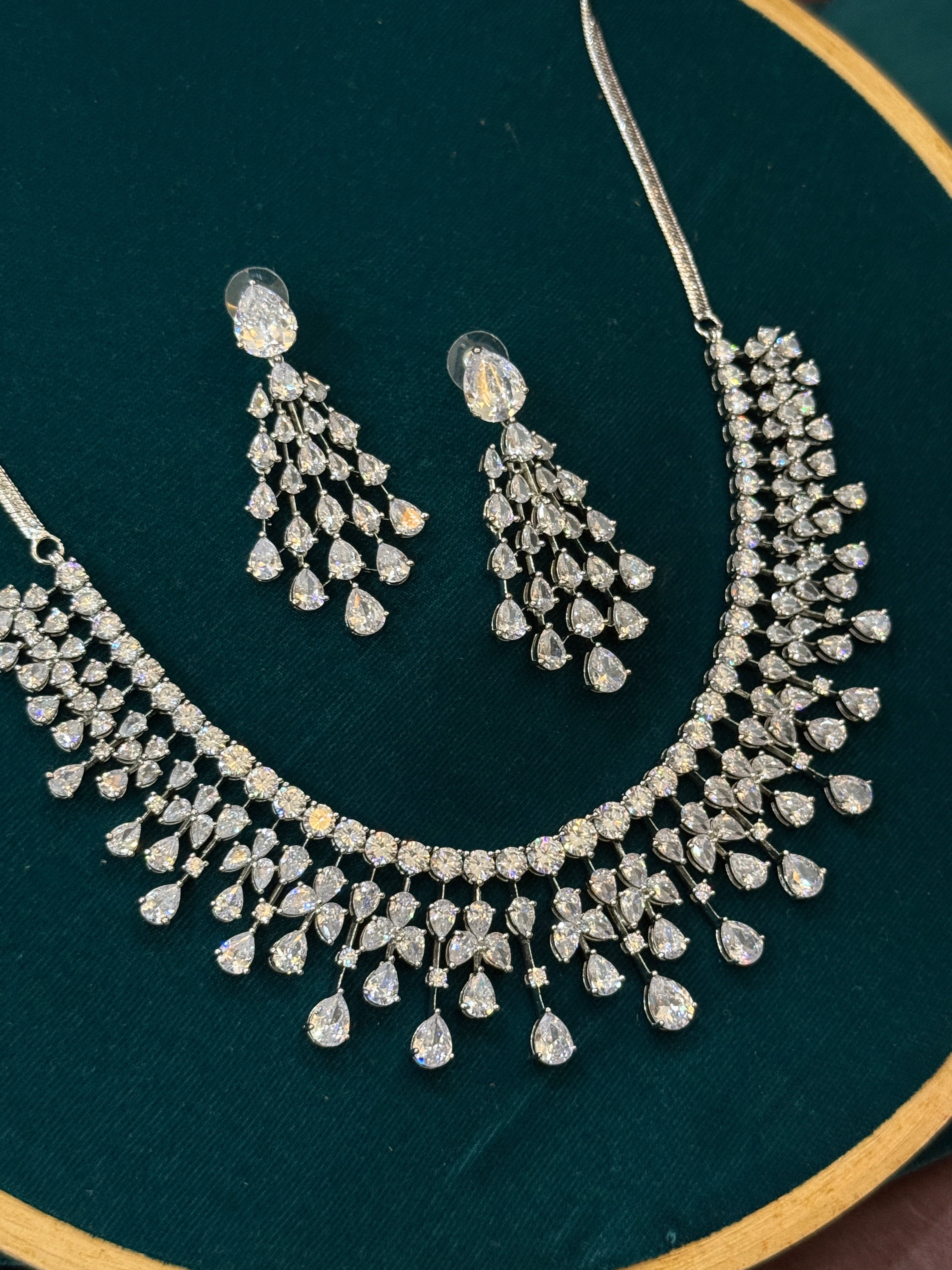 Glamorous Waterdrop CZ Necklace Set with Statement Earrings