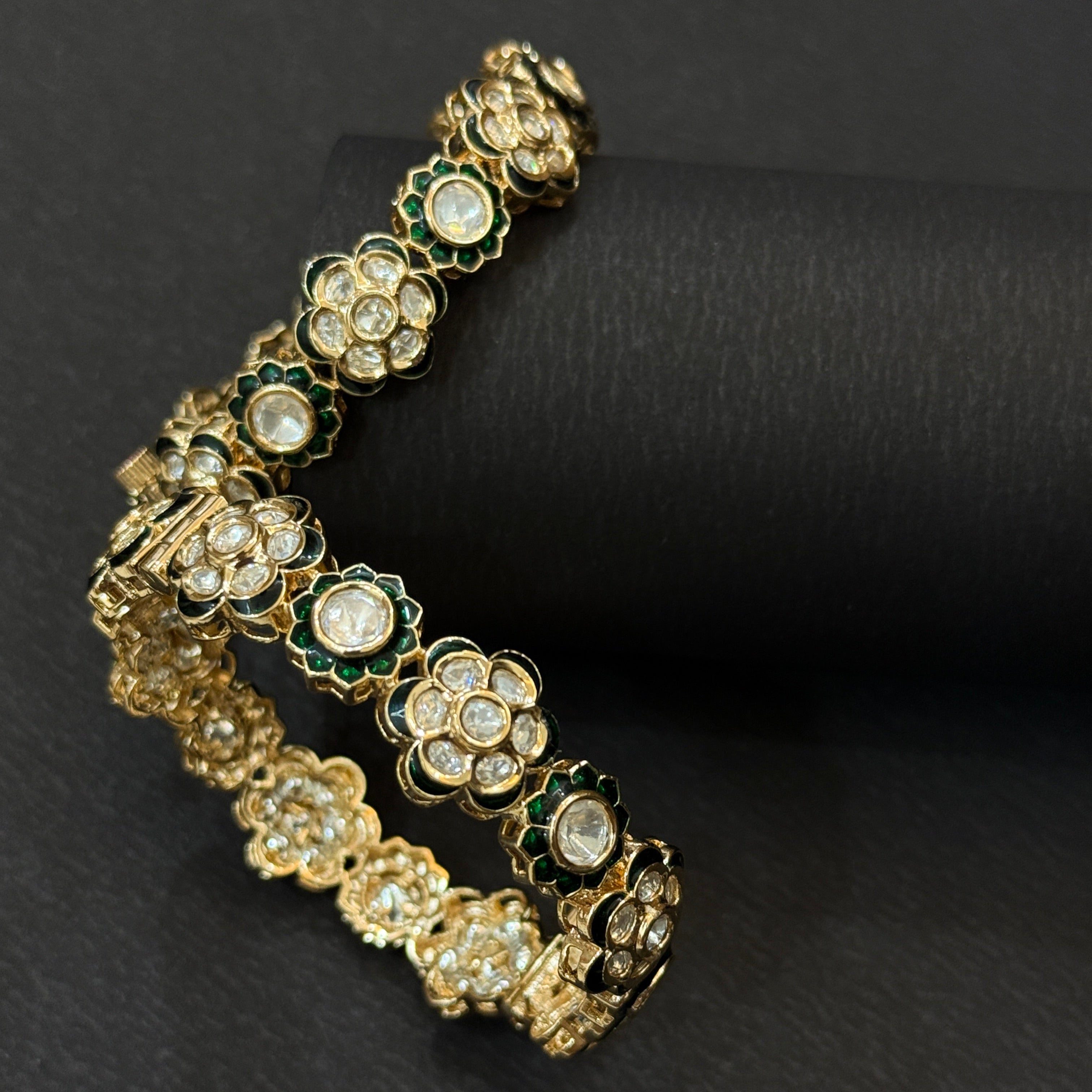 Floral Kundan Green Enamel Bangles