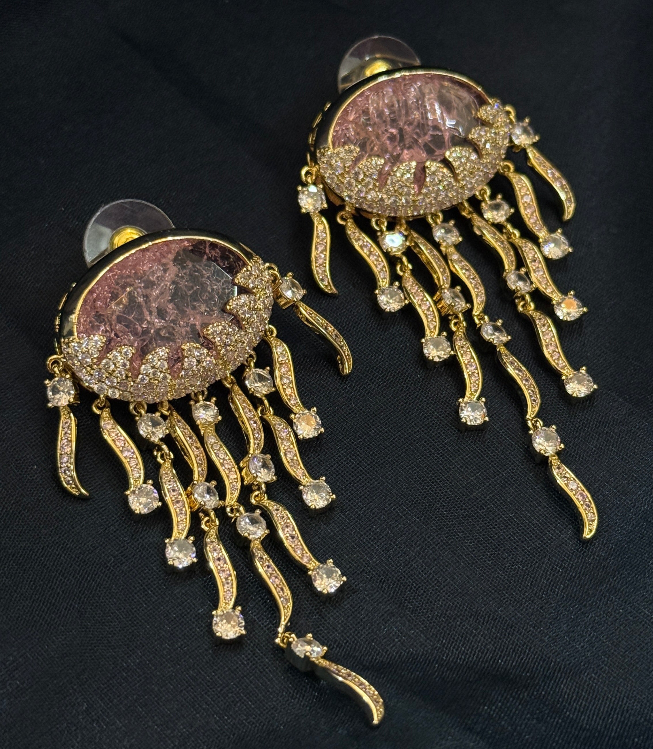 Pink Crystal Drop American Diamond Statement Earrings – Gold Finish