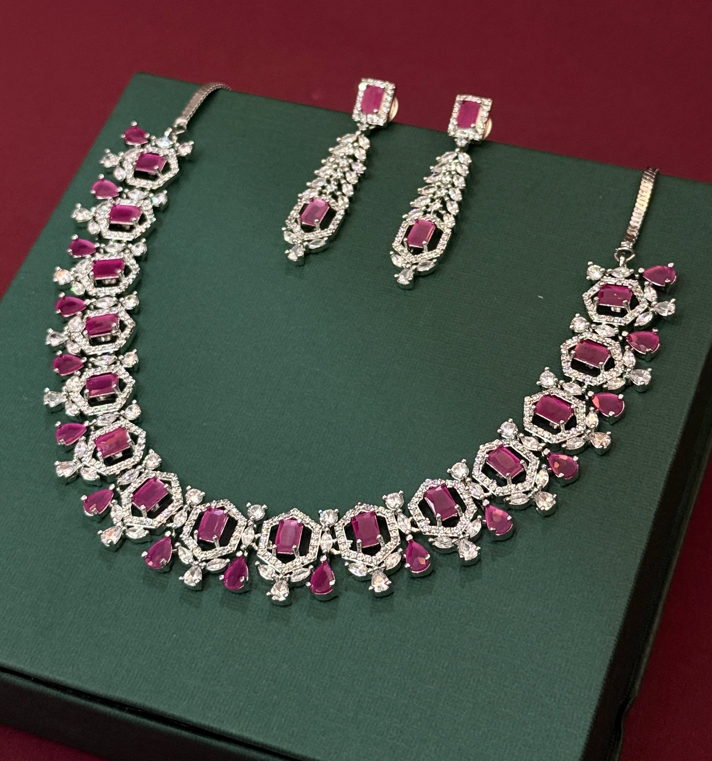 Royal Ruby Sparkle Drop Earrings & Necklace Set