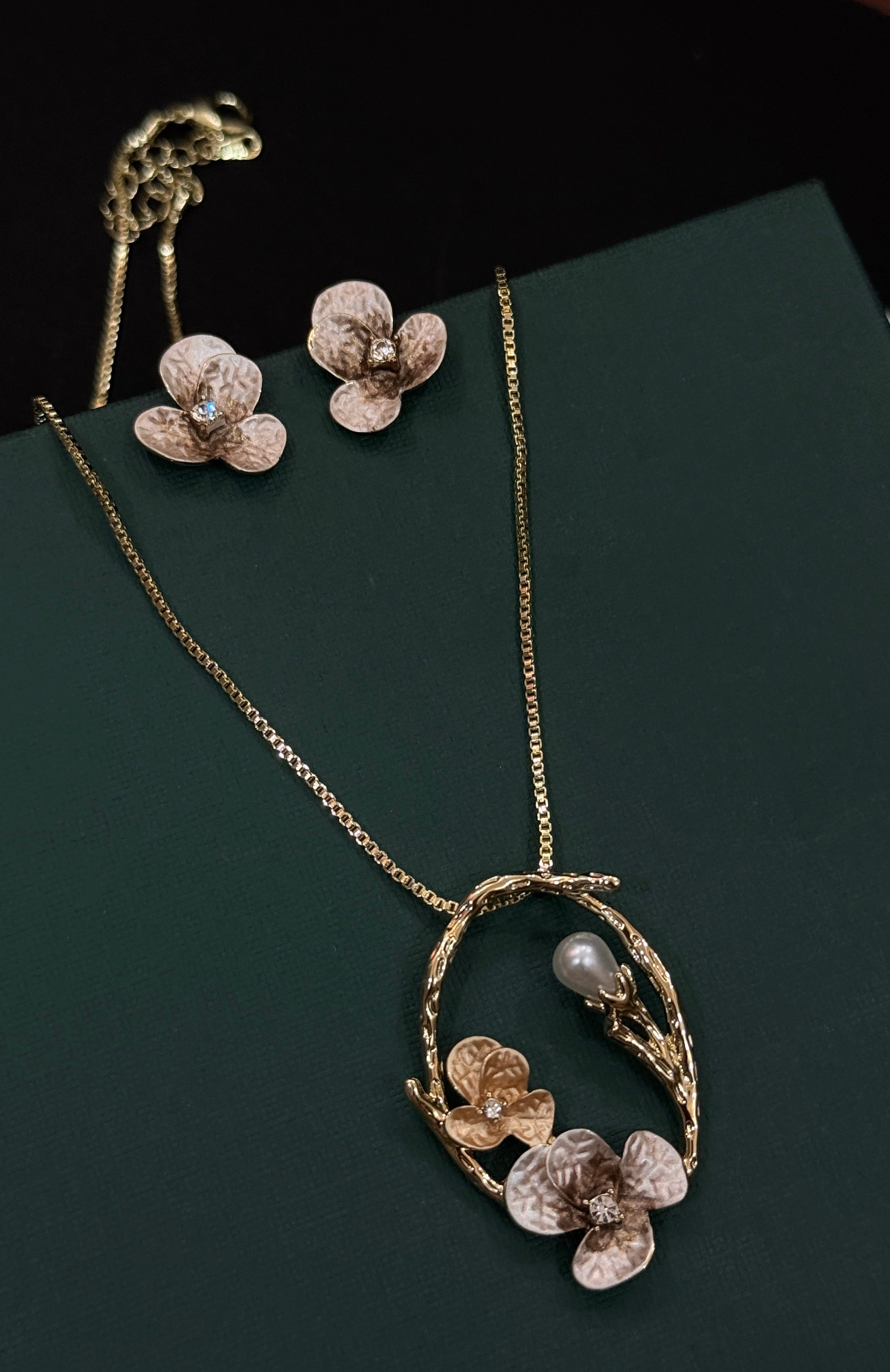 Antique Floral Pearl Pendant Necklace Set