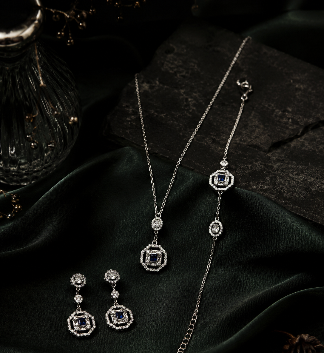 925 Sterling Silver Blue Stone Necklace Set