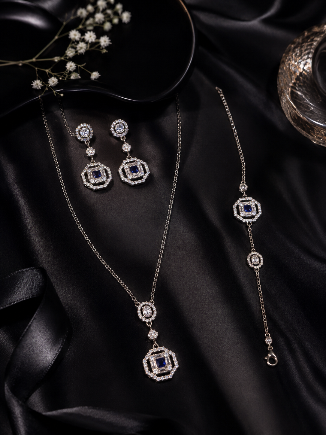 925 Sterling Silver Blue Stone Necklace Set
