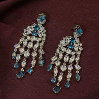 Luxury Blue Crystal Chandelier Earrings in Silver Tone