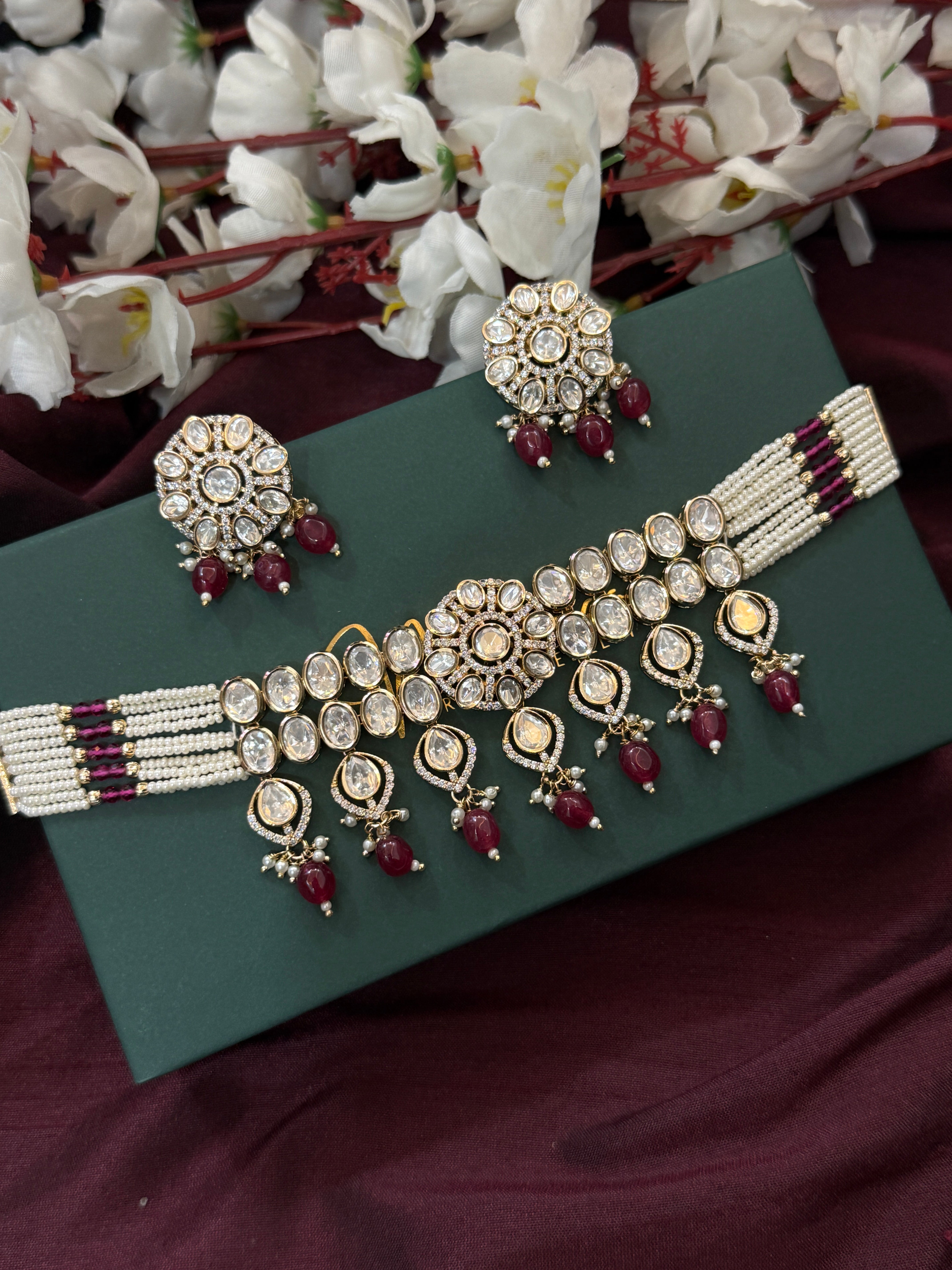 Real Polki Kundan Ruby Red Beads Choker Set with Earring