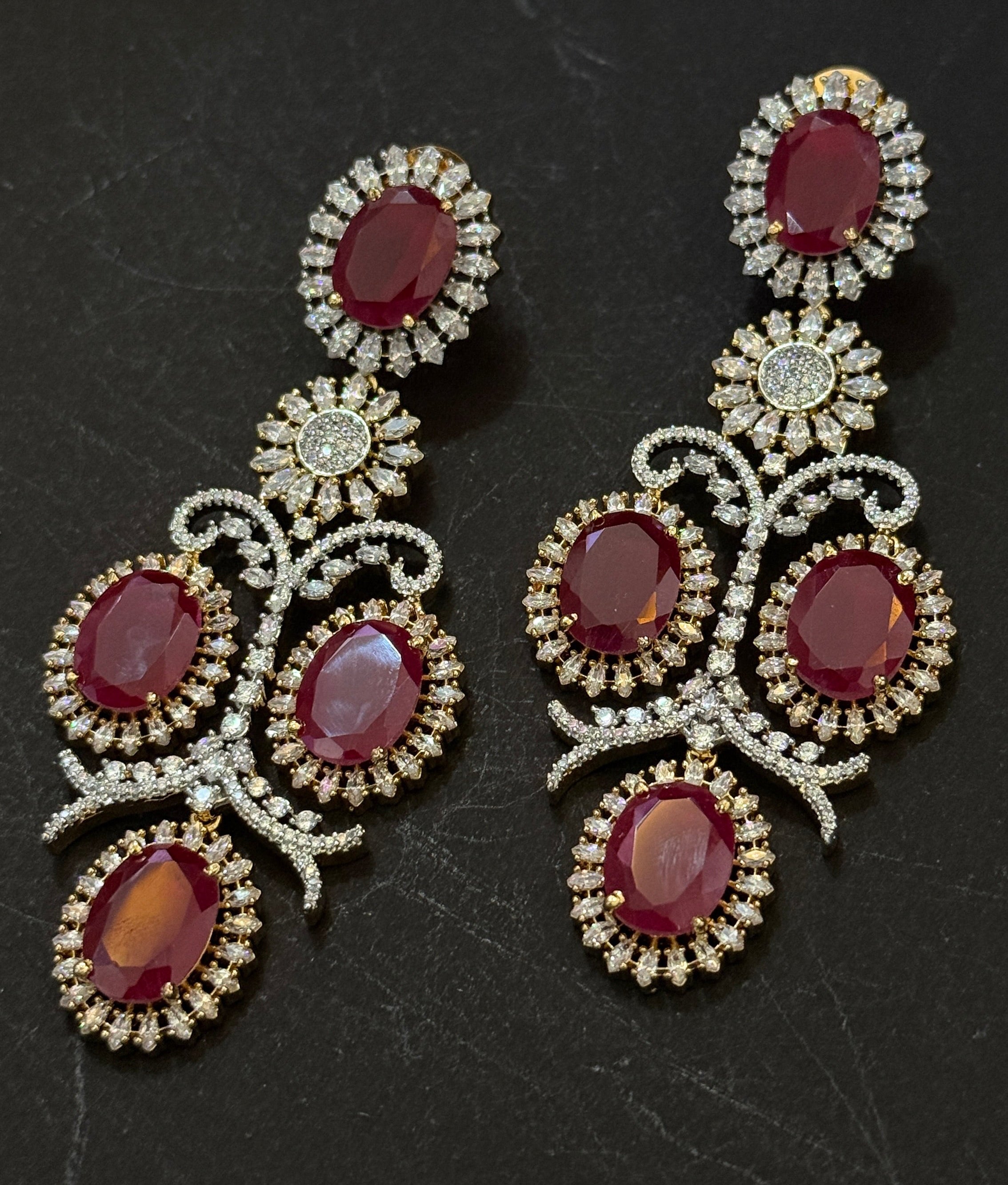 Royal Ruby Red American Diamond Chandelier Earrings