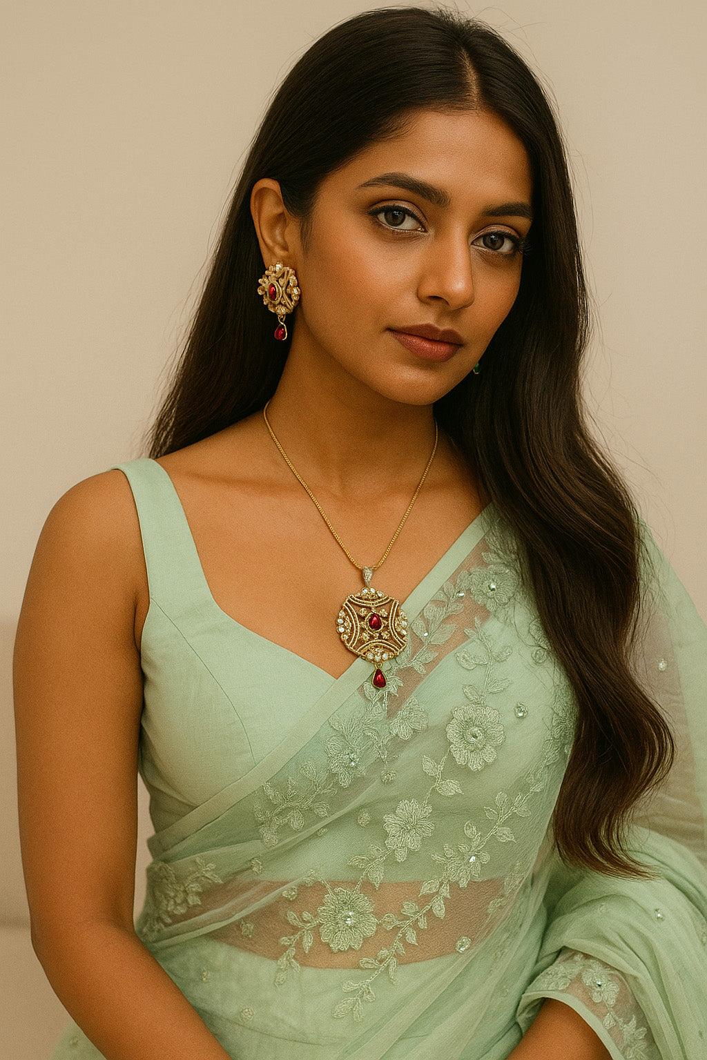 Royal Red American Diamond Pendant Set with Earrings