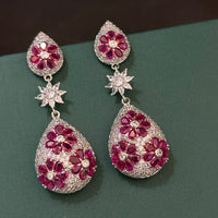 Ruby Red Floral Teardrop American Diamond Long Earrings