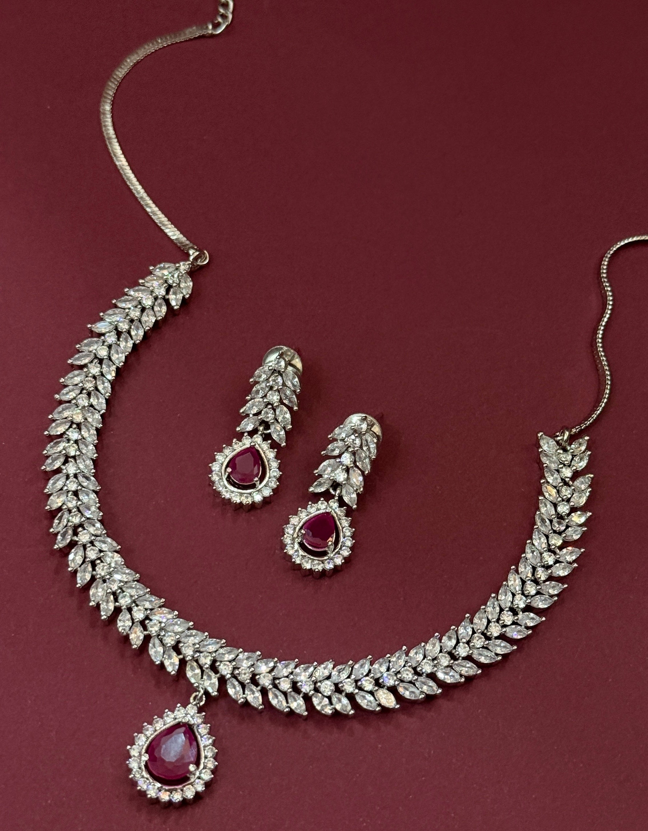 Ruby Glow Leaf Design AD Necklace Set