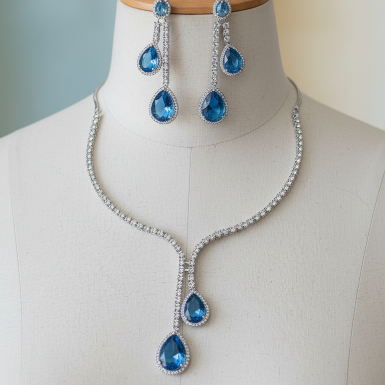 Elegant Blue Stone Necklace and Earring Set