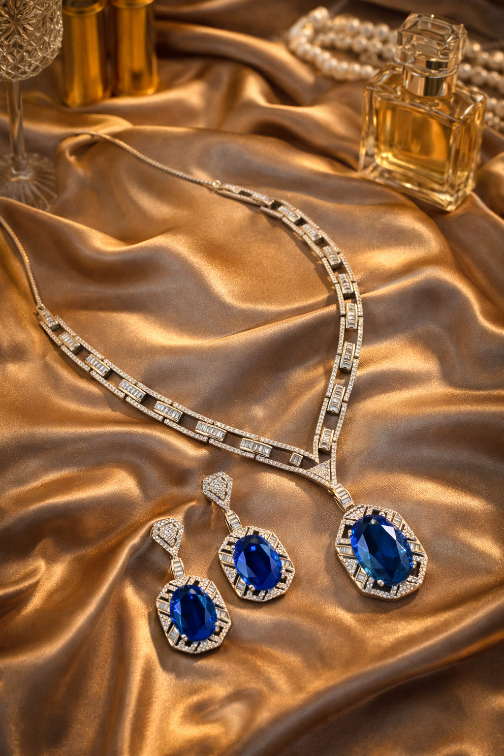 Royal Blue Stone Diamond-Finish Necklace