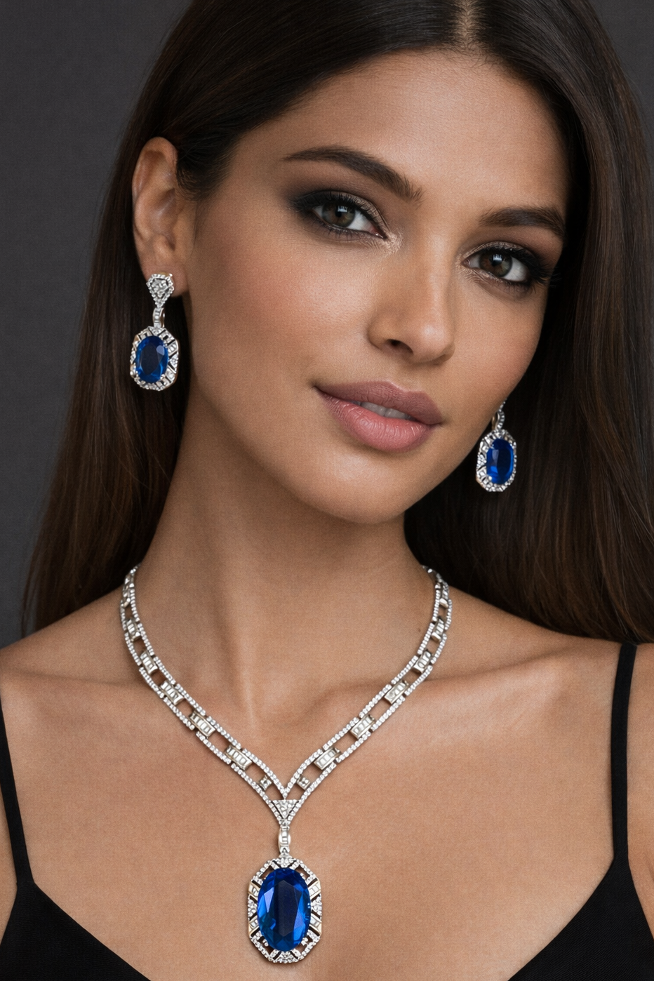 Royal Blue Stone Diamond-Finish Necklace