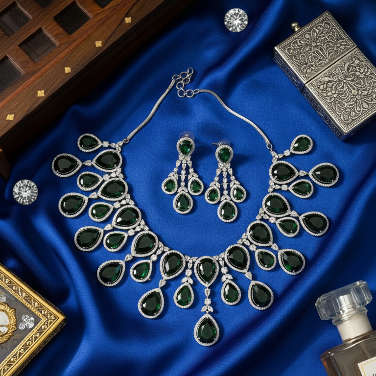 Emerald Grace Bottle Green Silver Plated Set