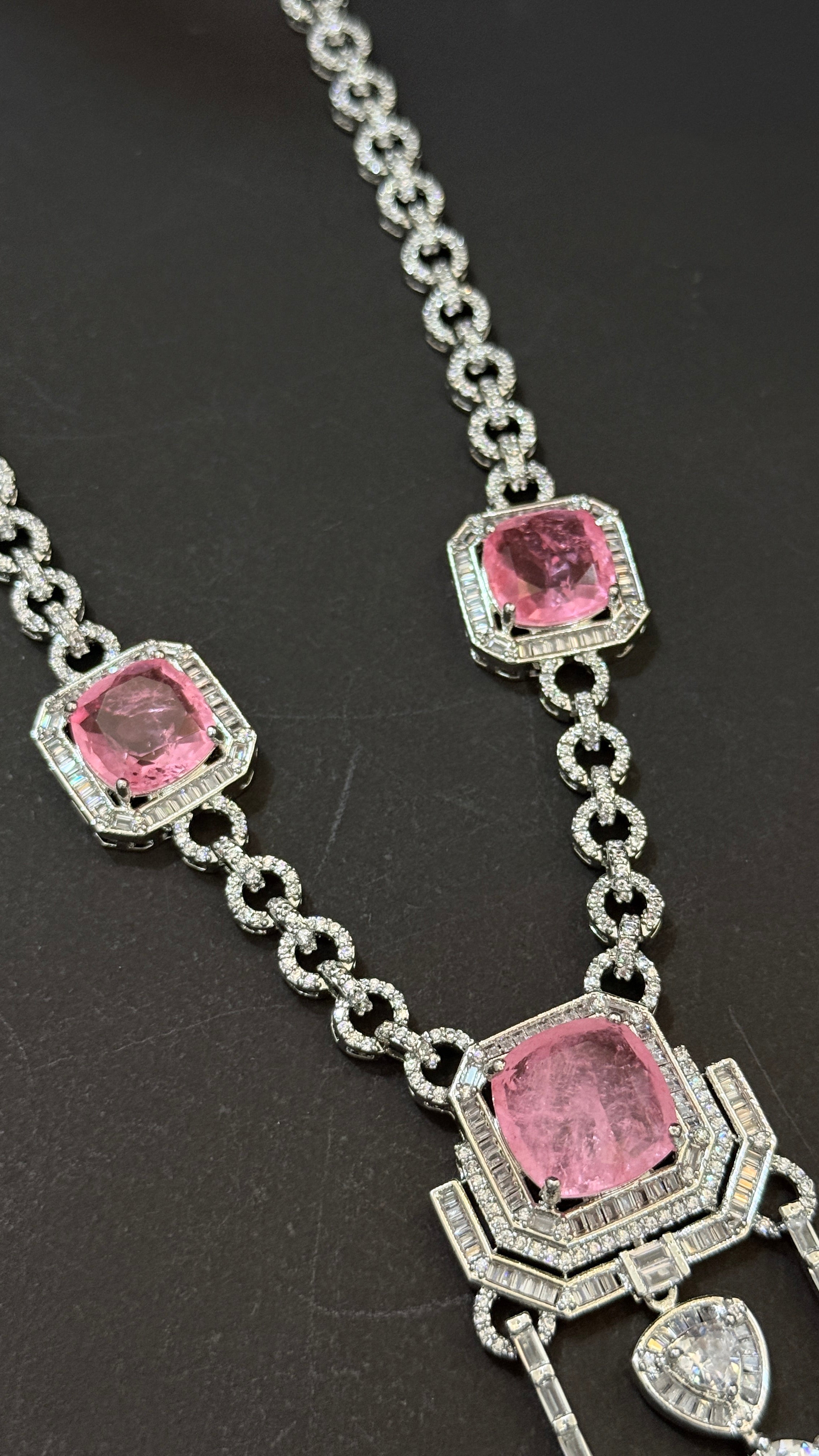 Elegant Pink Crystal Diamond Finish Necklace Set