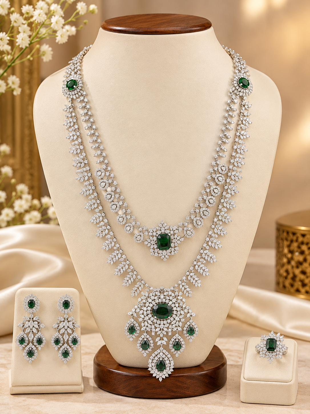 Emerald Green & Silver-Tone Bridal Jewellery Set – Statement Necklace