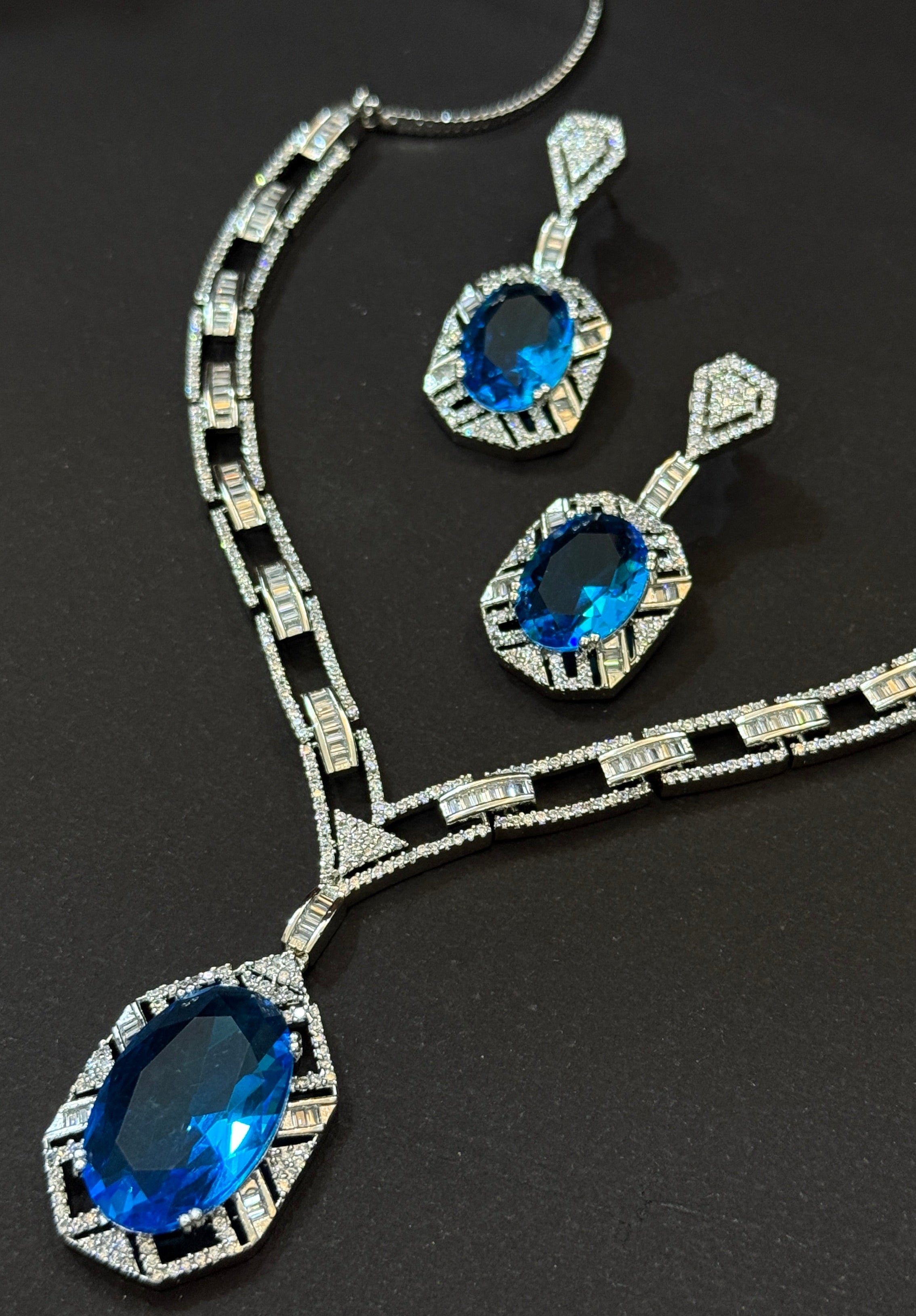 Royal Blue Stone Diamond-Finish Necklace