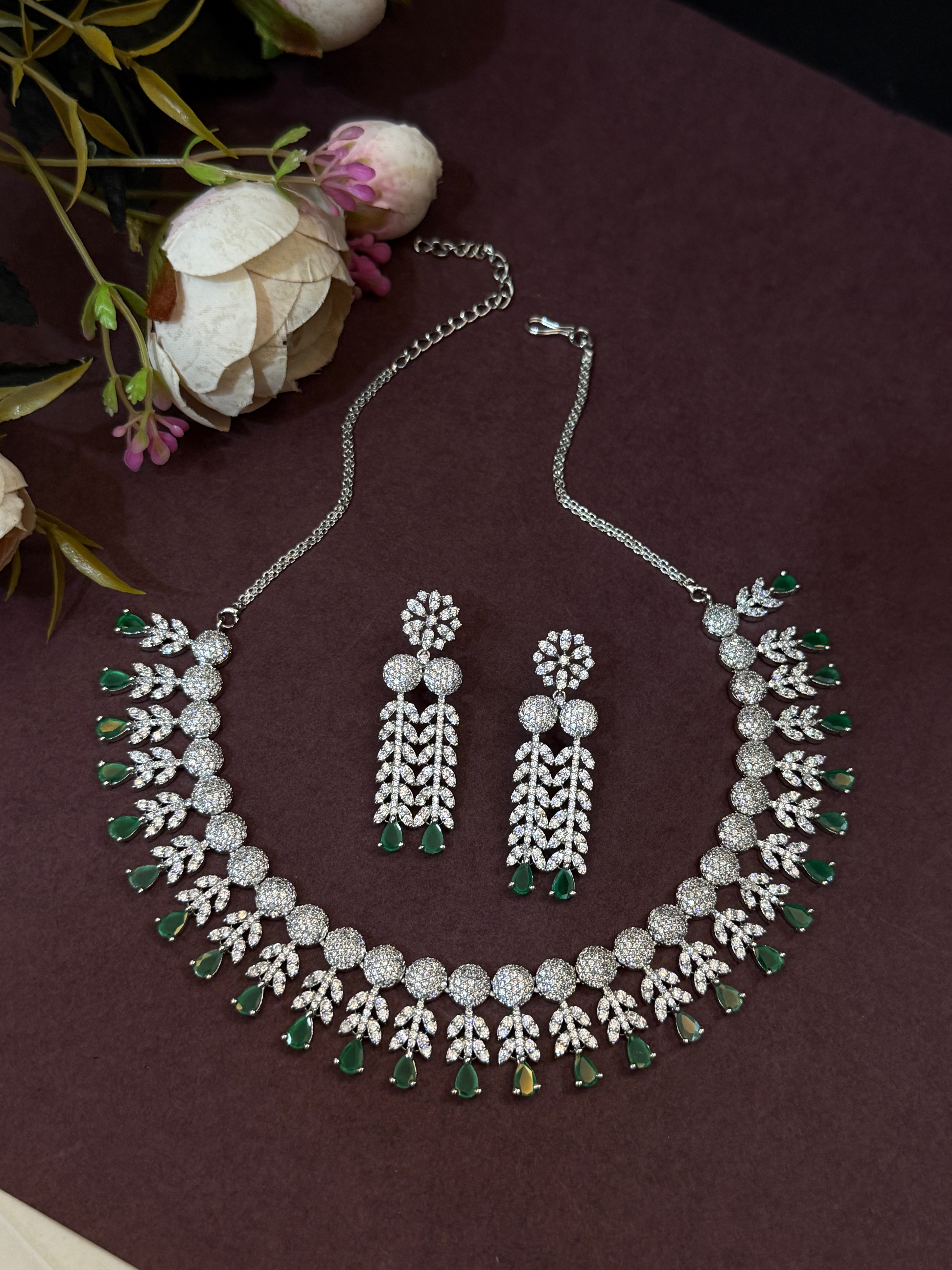 Emerald Drop Luxury American Diamond Necklace Set
