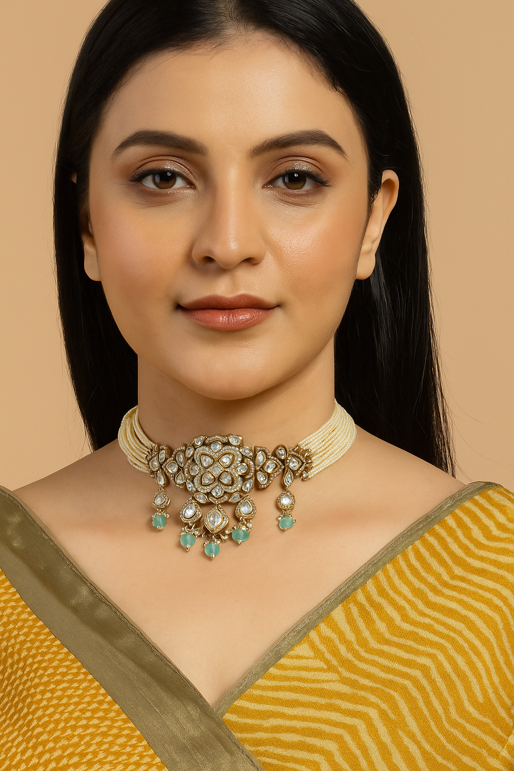 Mint Beaded Real Polki Kundan Choker