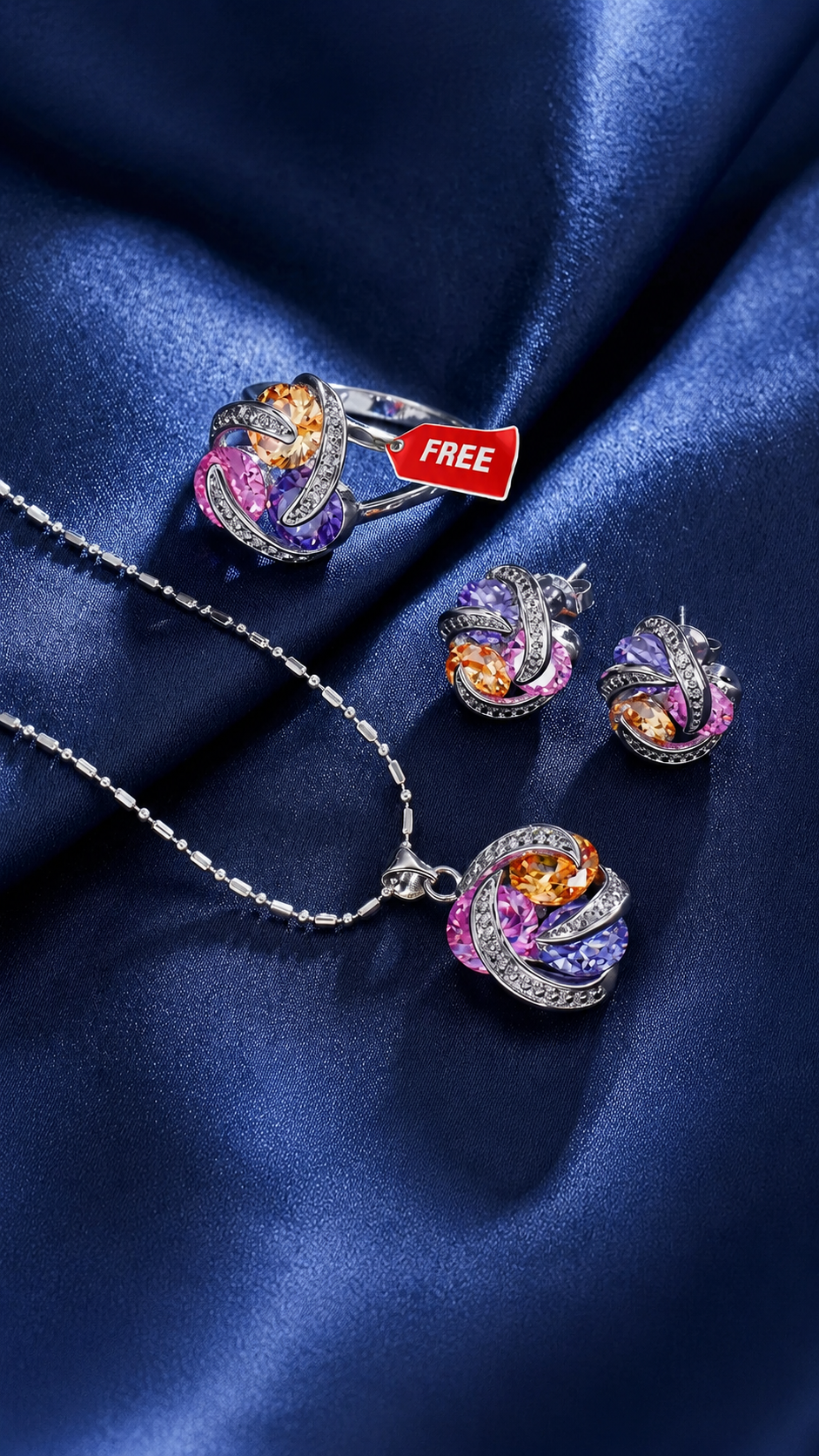 Elegant Multicolor Crystal 2 piece pendant set + Free Ring
