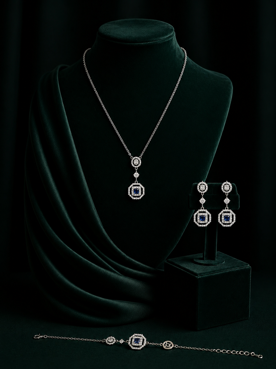 925 Sterling Silver Blue Stone Necklace Set