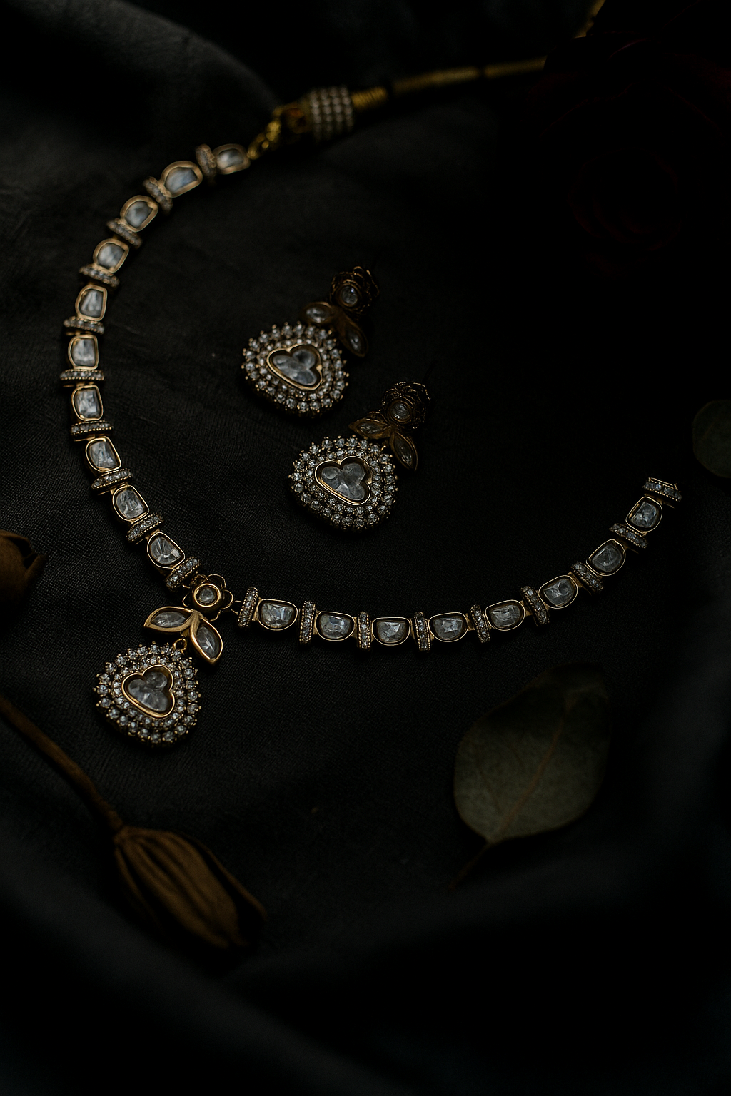 Royal Heart Motif Real Polki Kundan Necklace Set