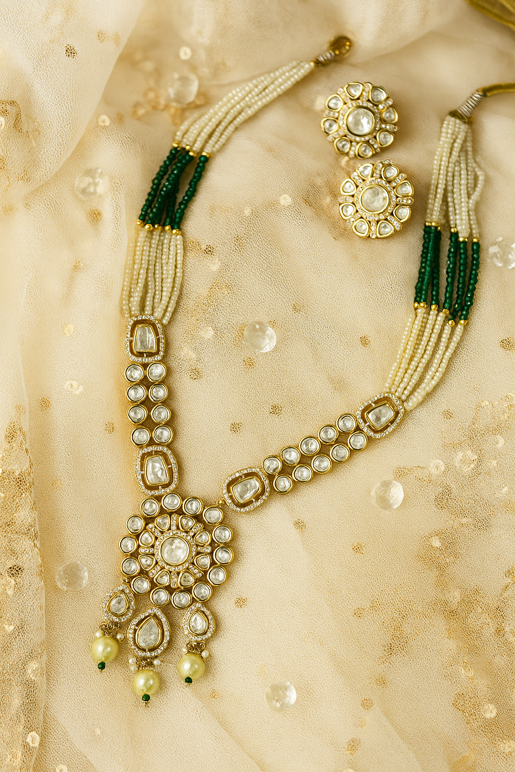 Real Polki Kundan Long Emerald Green Beads