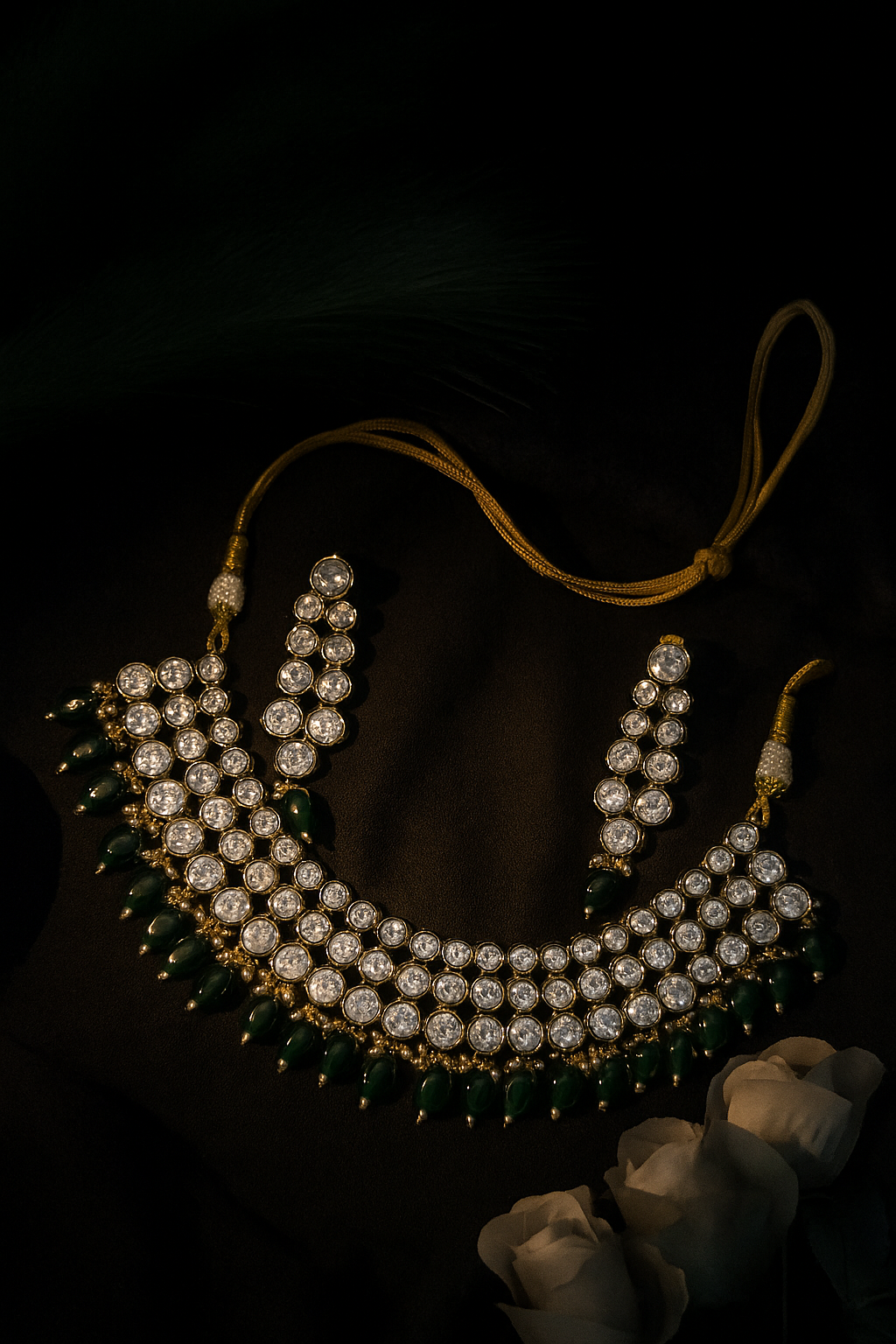 Royal Emerald Green Moissanite Kundan Bridal Necklace & Earrings Set