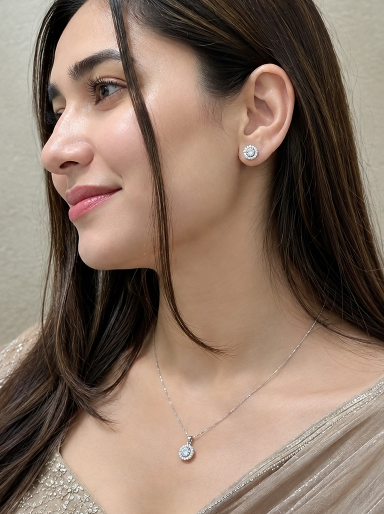 925 Sterling Silver CZ Halo Pendant Necklace