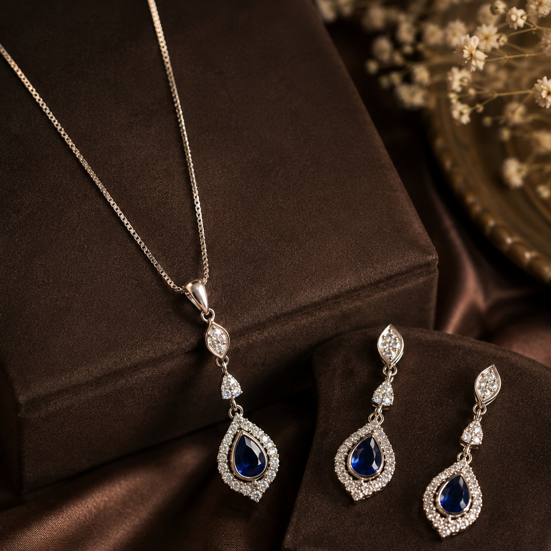 925 Sterling Silver Blue Teardrop Necklace Set