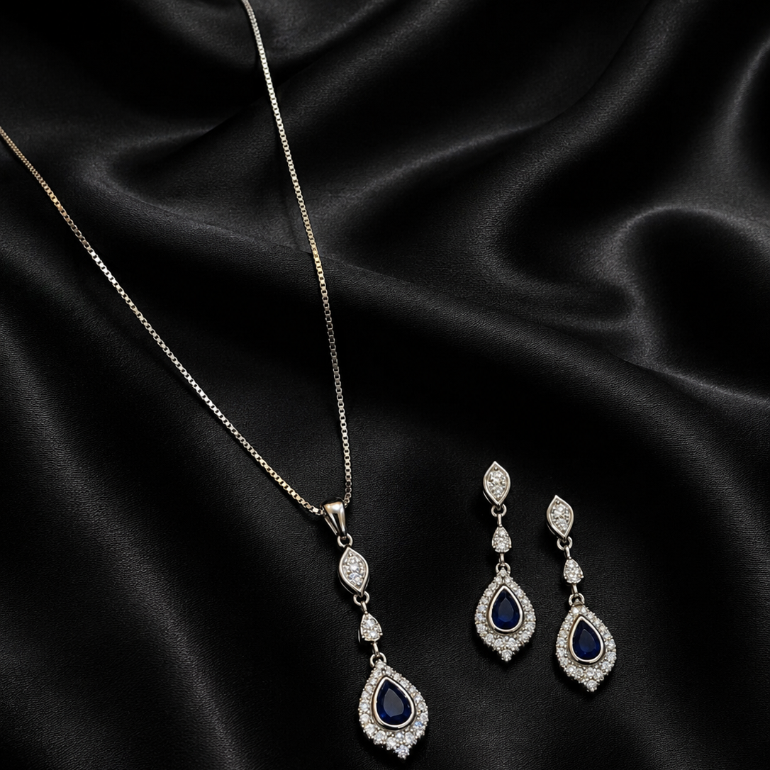 925 Sterling Silver Blue Teardrop Necklace Set