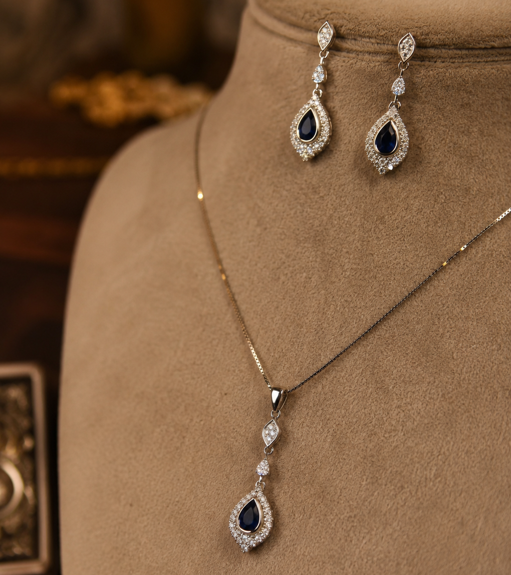 925 Sterling Silver Blue Teardrop Necklace Set