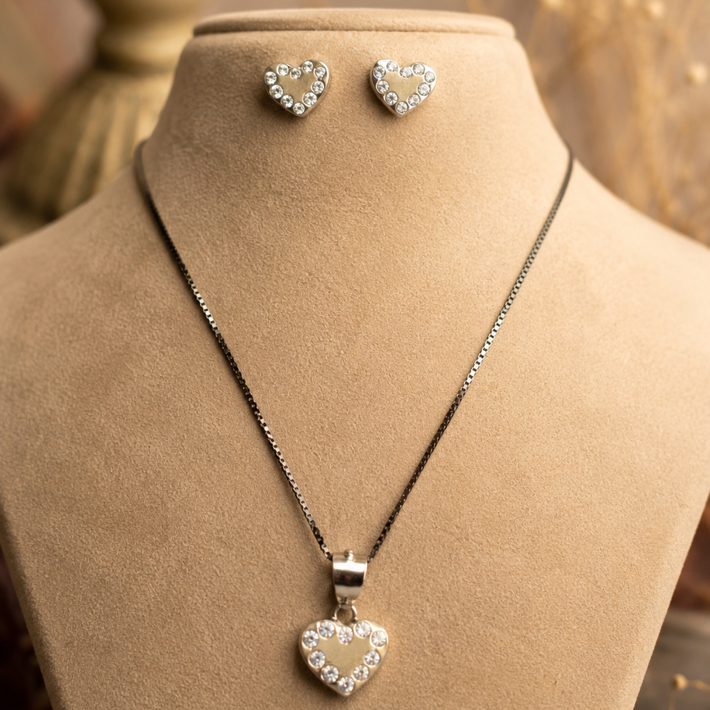 Heart Shape 925 Sliver Sterling Necklace & Earrings Set